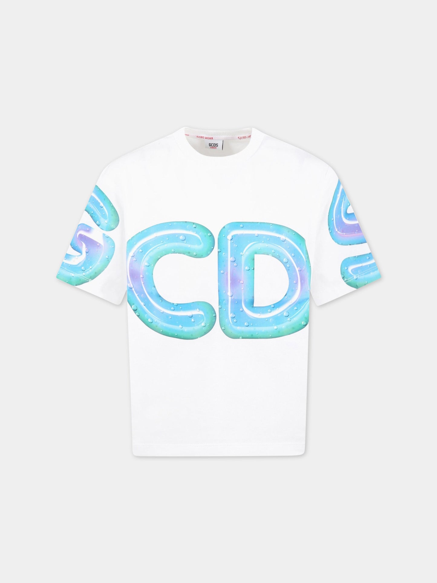 T-shirt bianca per bambino con logo multicolor,Gcds Kids,DRM002 LAA23 10101