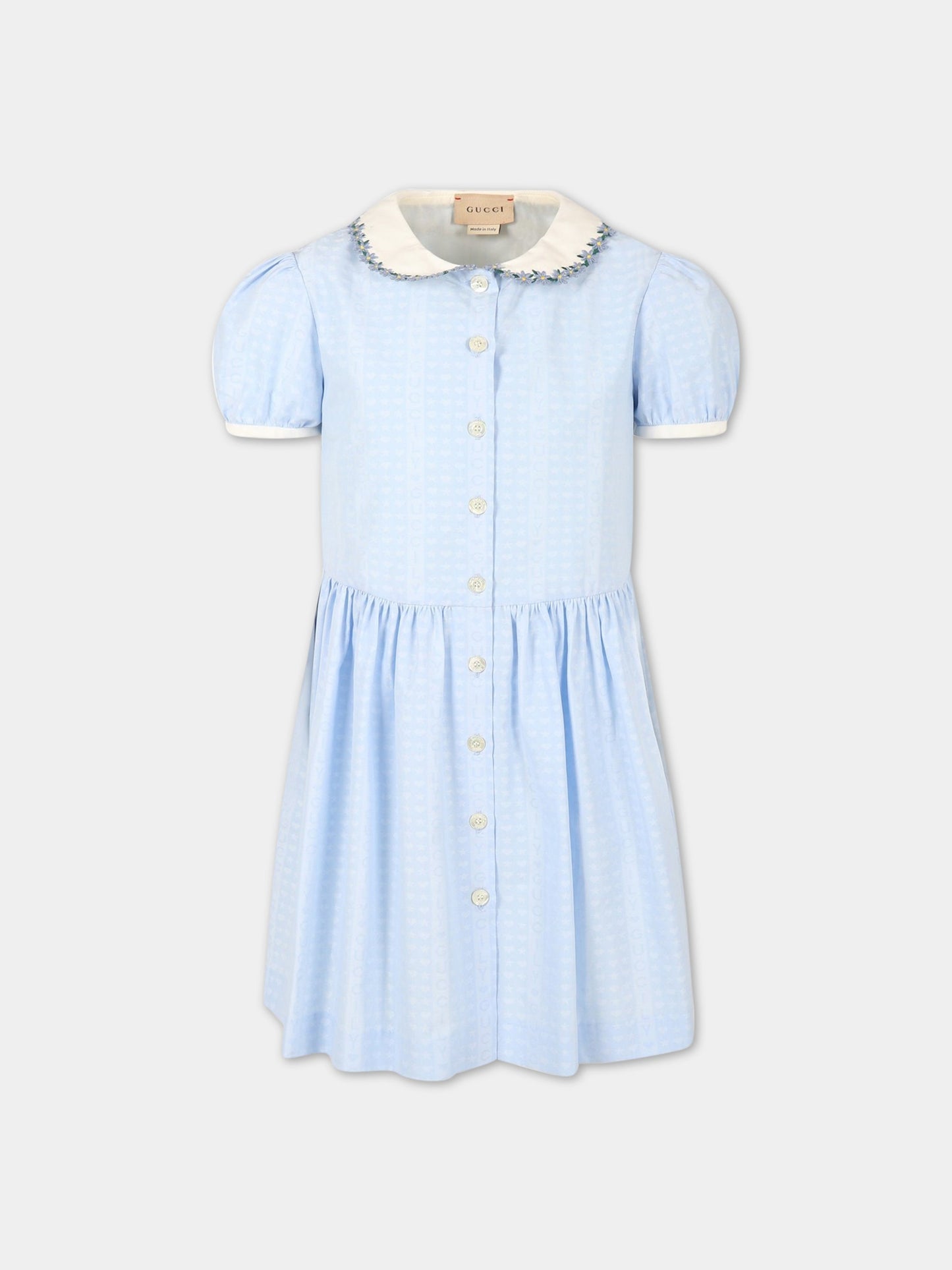 Vestito celeste per bambina con scritta Guccily all-over,Gucci Kids,717288 ZALJB 4670