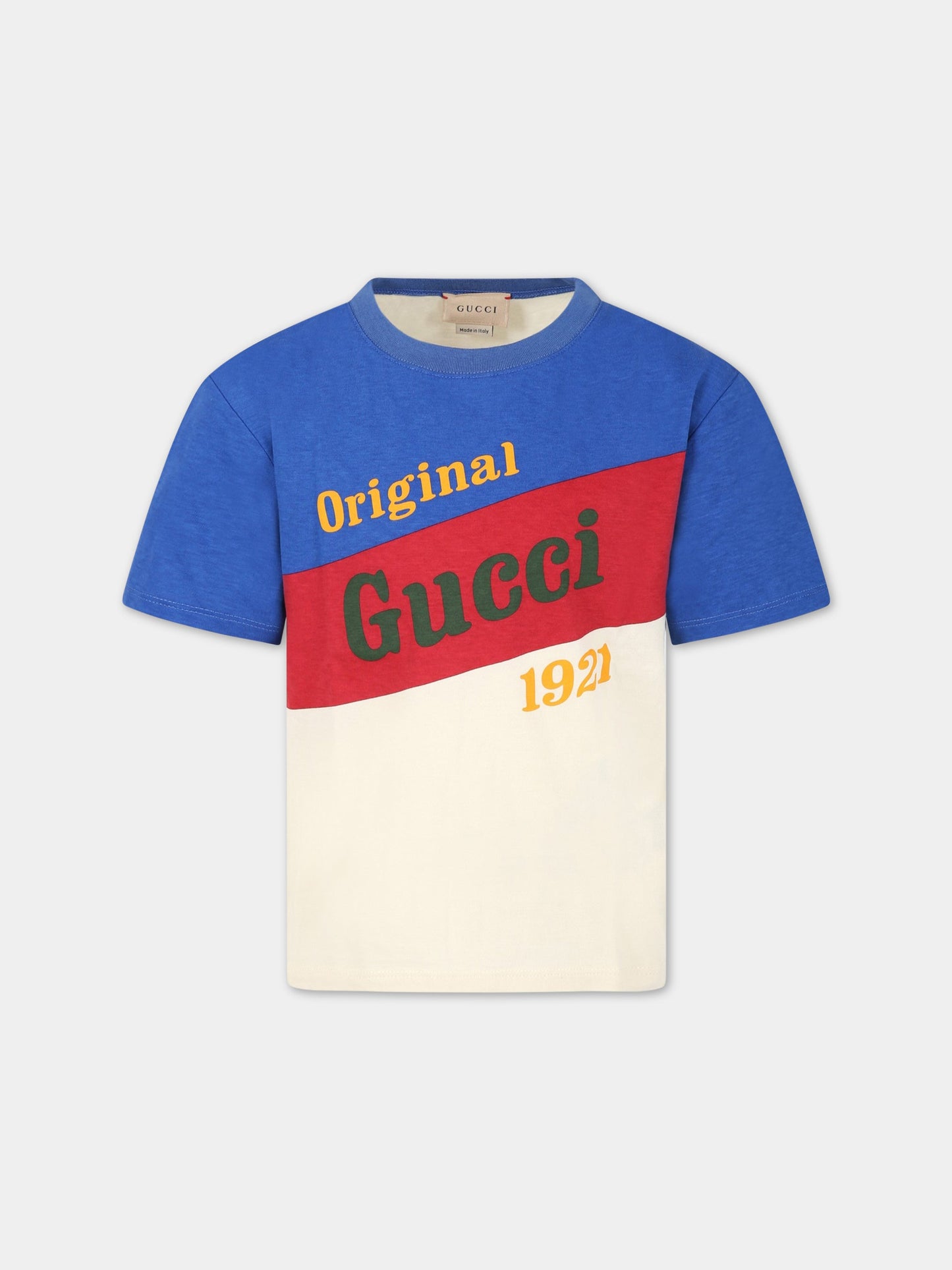 T-shirt multicolor per bambino con scritta Original Gucci 1921 ,Gucci Kids,575114 XJEY6 9756