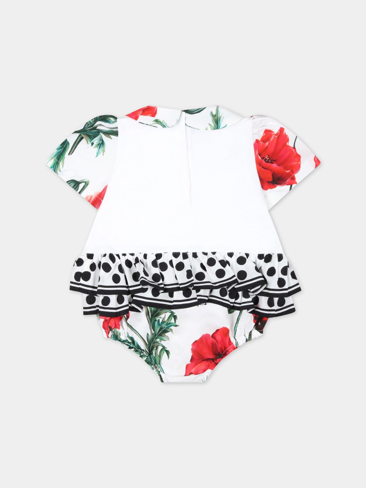 Pagliaccetto bianco per neonata con pois neri e papaverI,Dolce & Gabbana Kids,L21O90 G7H6Q S9000