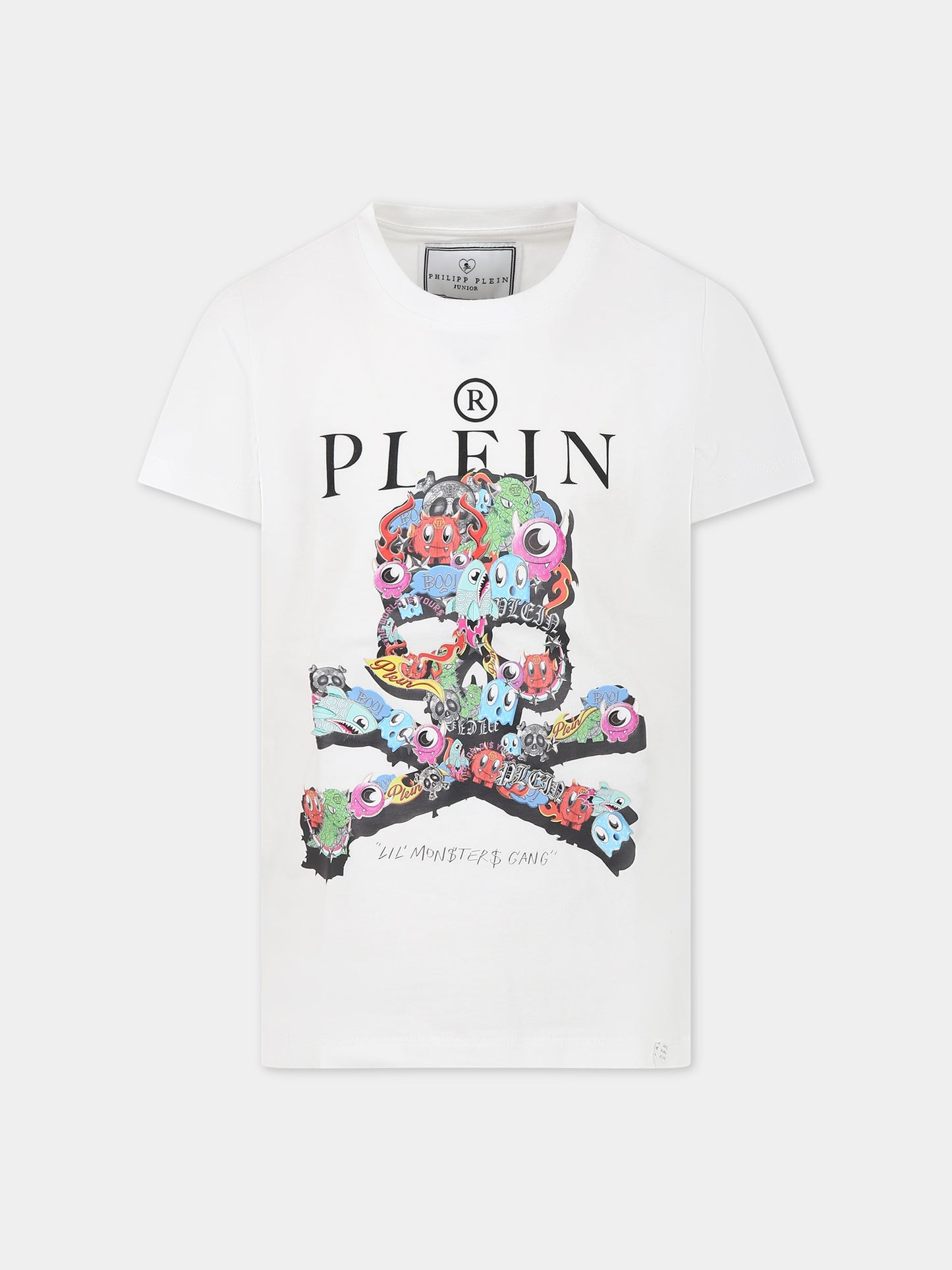 T-shirt bianca per bambino con teschio multicolor e logo,Philipp Plein Junior,2PM003 LAA24 10101