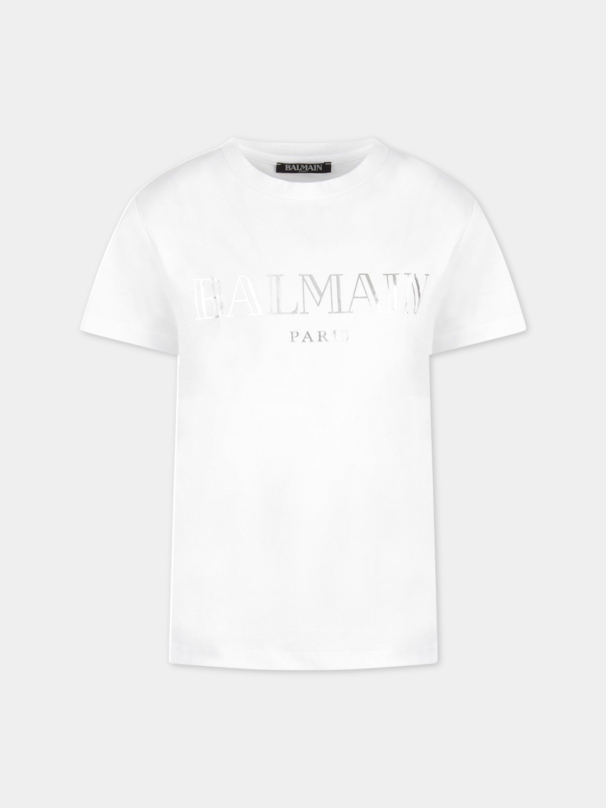 T-shirt bianca per bambina con logo argentato,Balmain Kids,6L8021 LX160 100AG