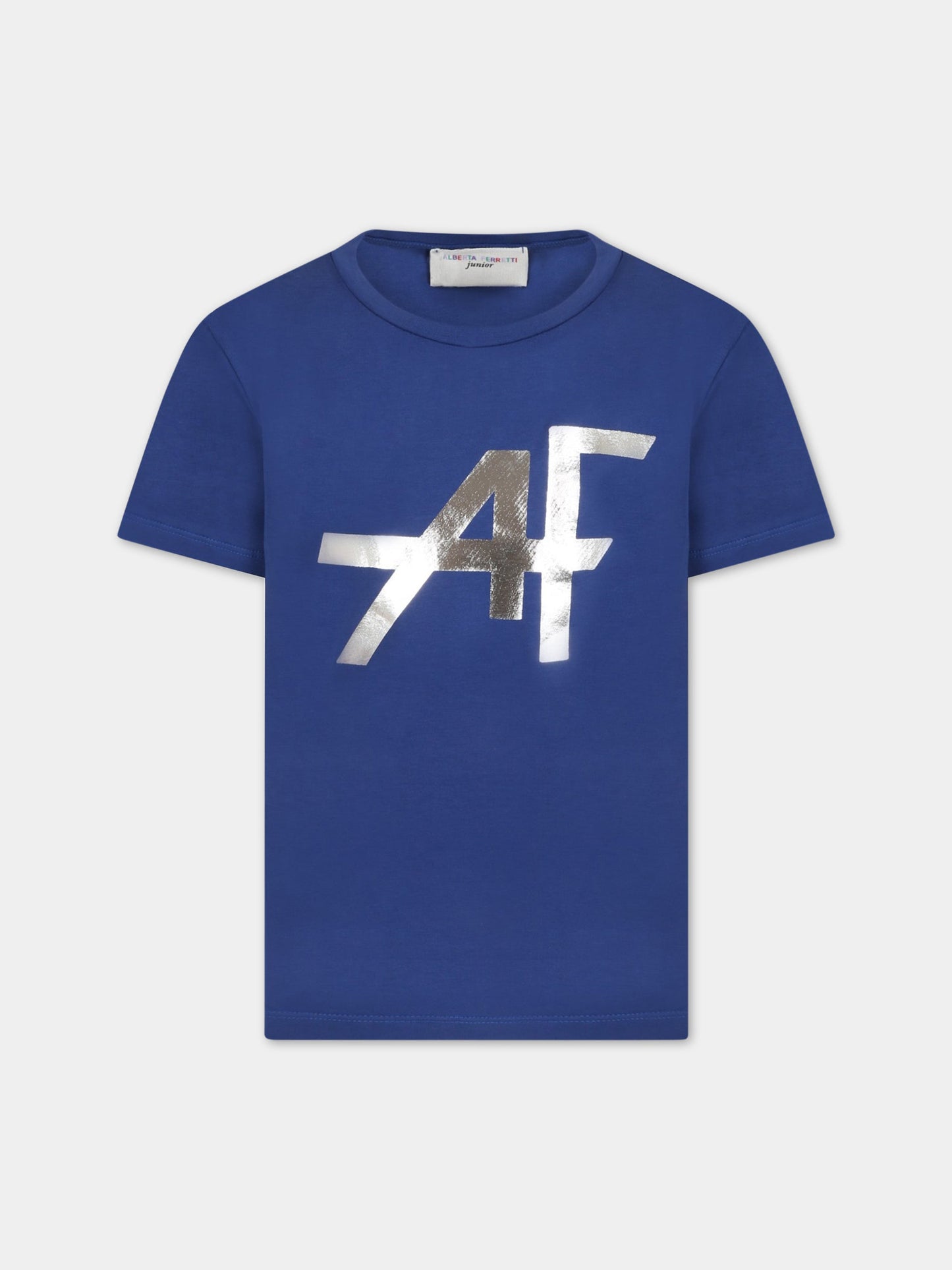 T-shirt blu royal per bambina con logo argentato,Alberta Ferretti Junior,025412 067