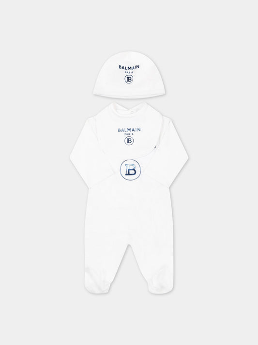 Set bianco per neonato con doppio logo blu,Balmain Kids,6Q8A50 Z0057 100AZ