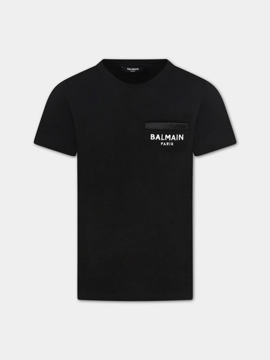 T-shirt nera per bambini con logo bianco,Balmain Kids,6Q8541 J0126 930