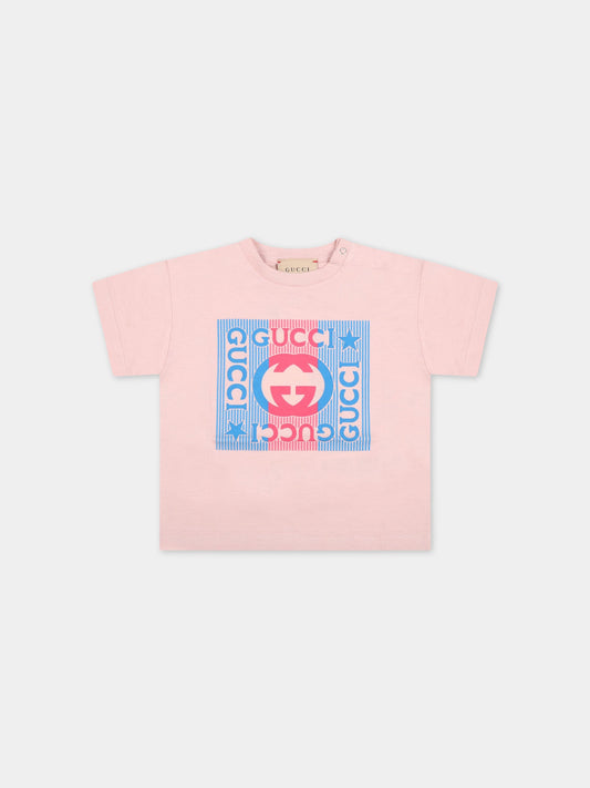 T-shirt rosa per neonata con logo blu e rosso,Gucci Kids,576871 XJDZ8 5407