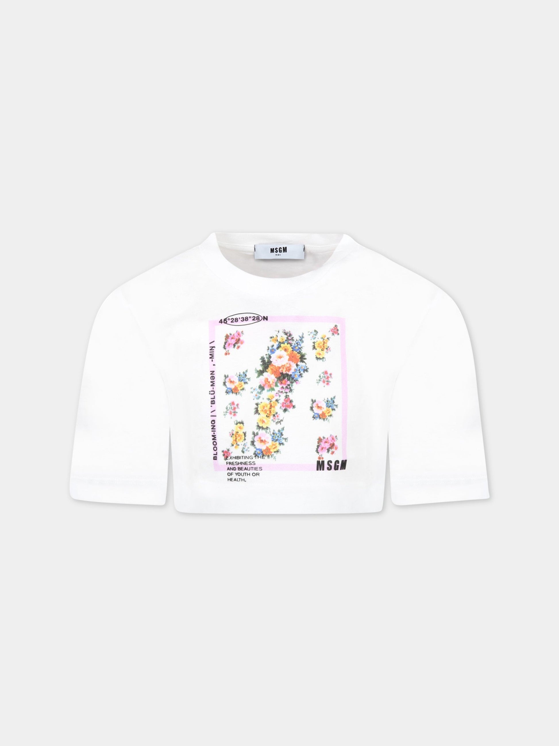 T-shirt bianca per bambina con fiori,Msgm Kids,MS028838 001