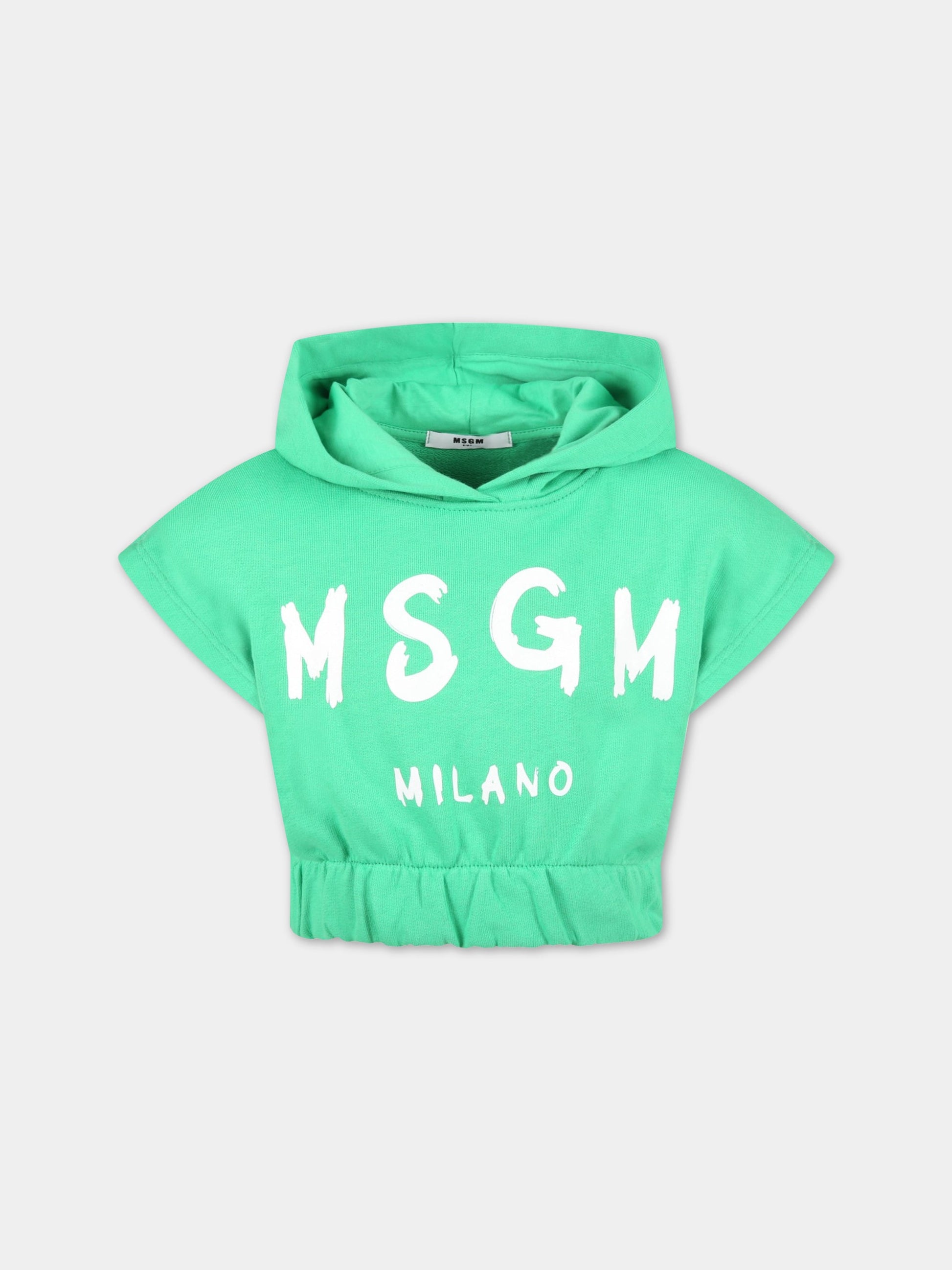 Felpa verde corta per bambina con logo bianco,Msgm Kids,MS028803 080