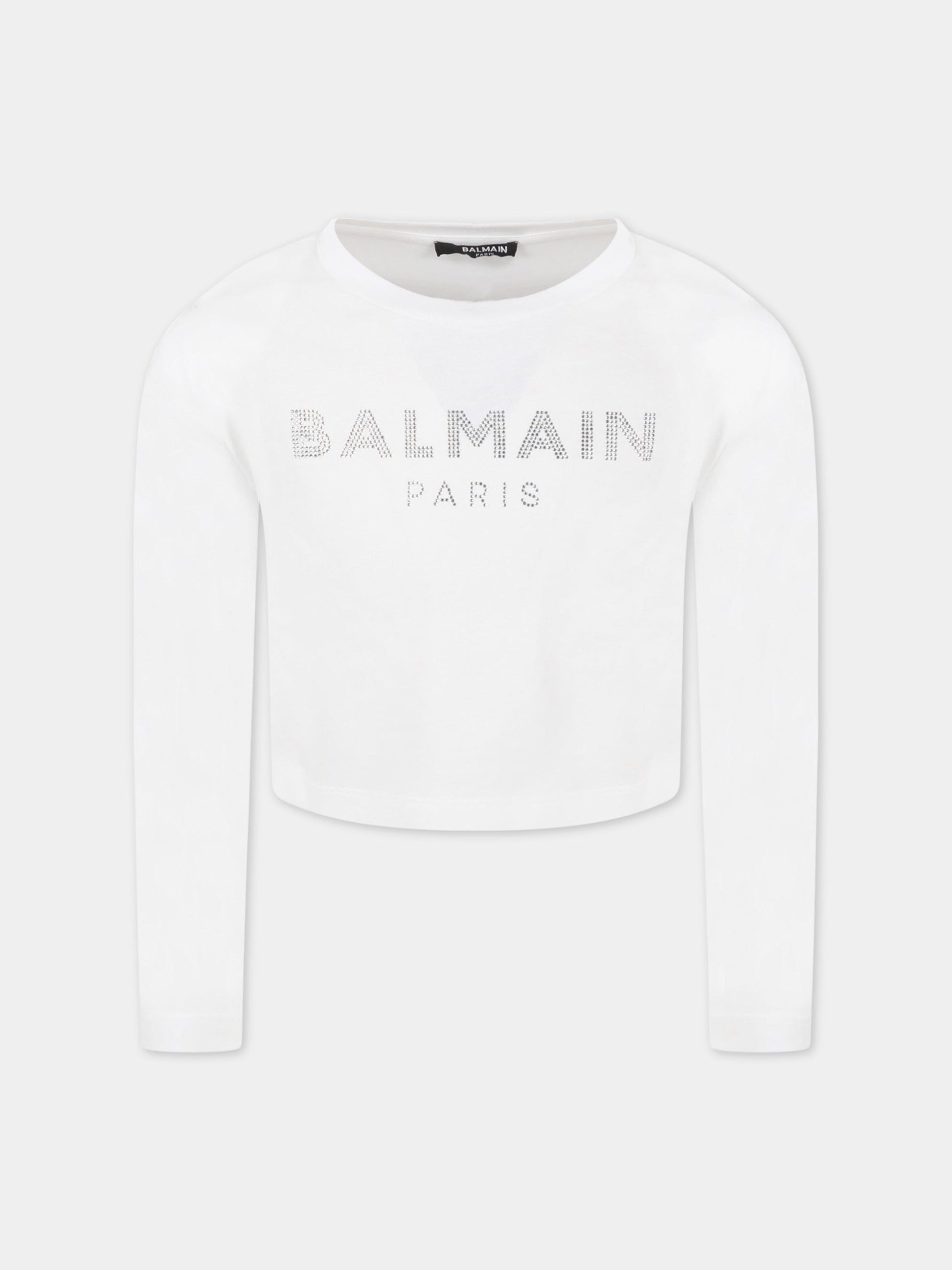 T-shirt bianca per bambina con logo di strass,Balmain Kids,6R8B30 Z0738 100