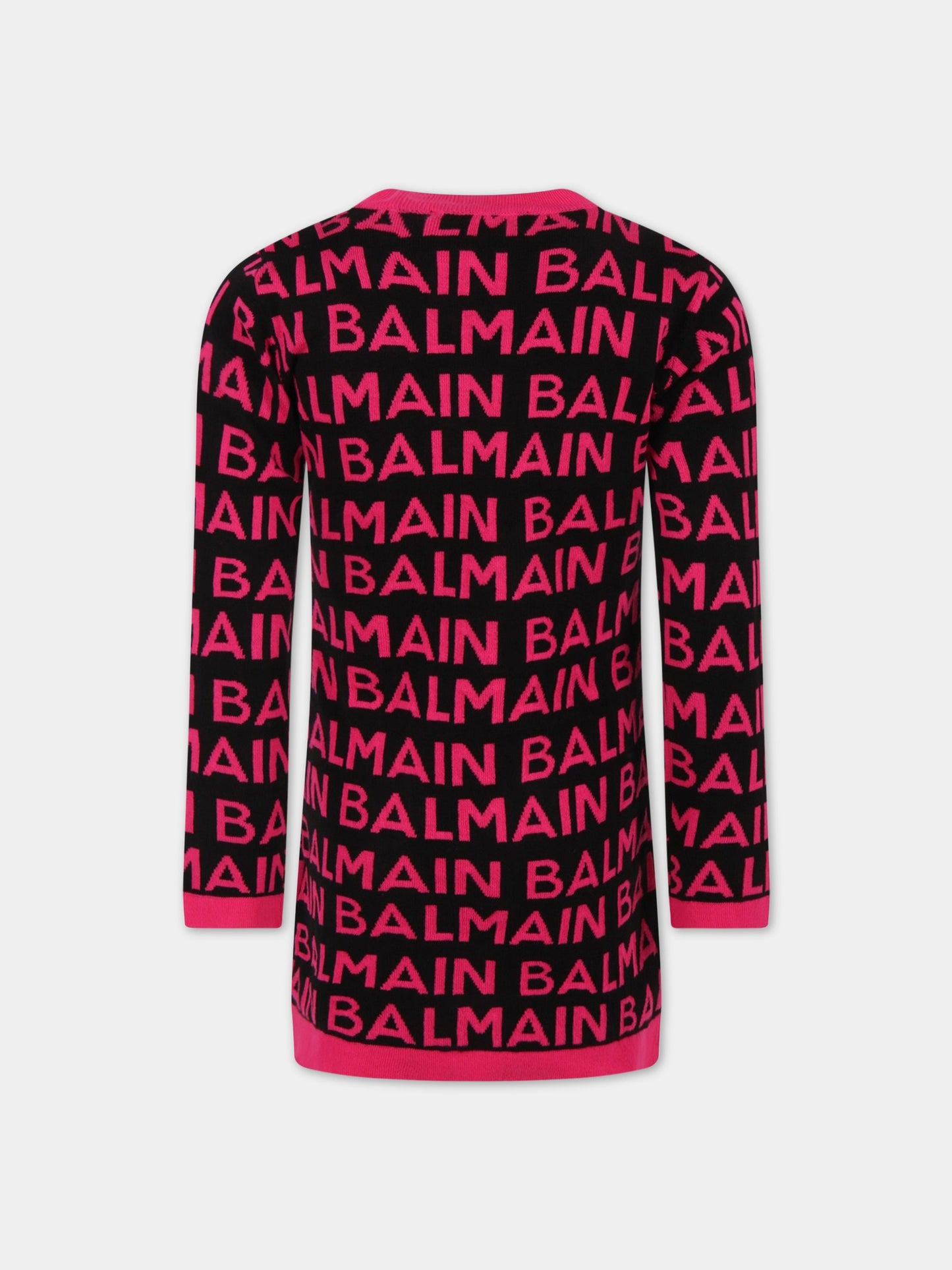 Vestito nero per bambina con loghi fucsia,Balmain Kids,6R1A60 X0005 930FU