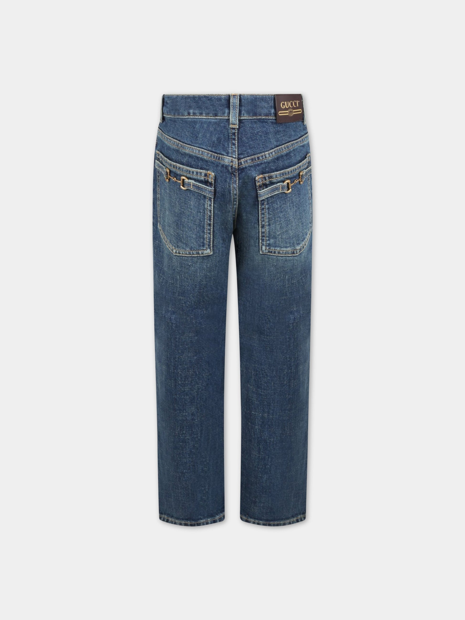 Jeans blu per bambino con morsetti e patch logo,Gucci Kids,674647 XDBZY 4447