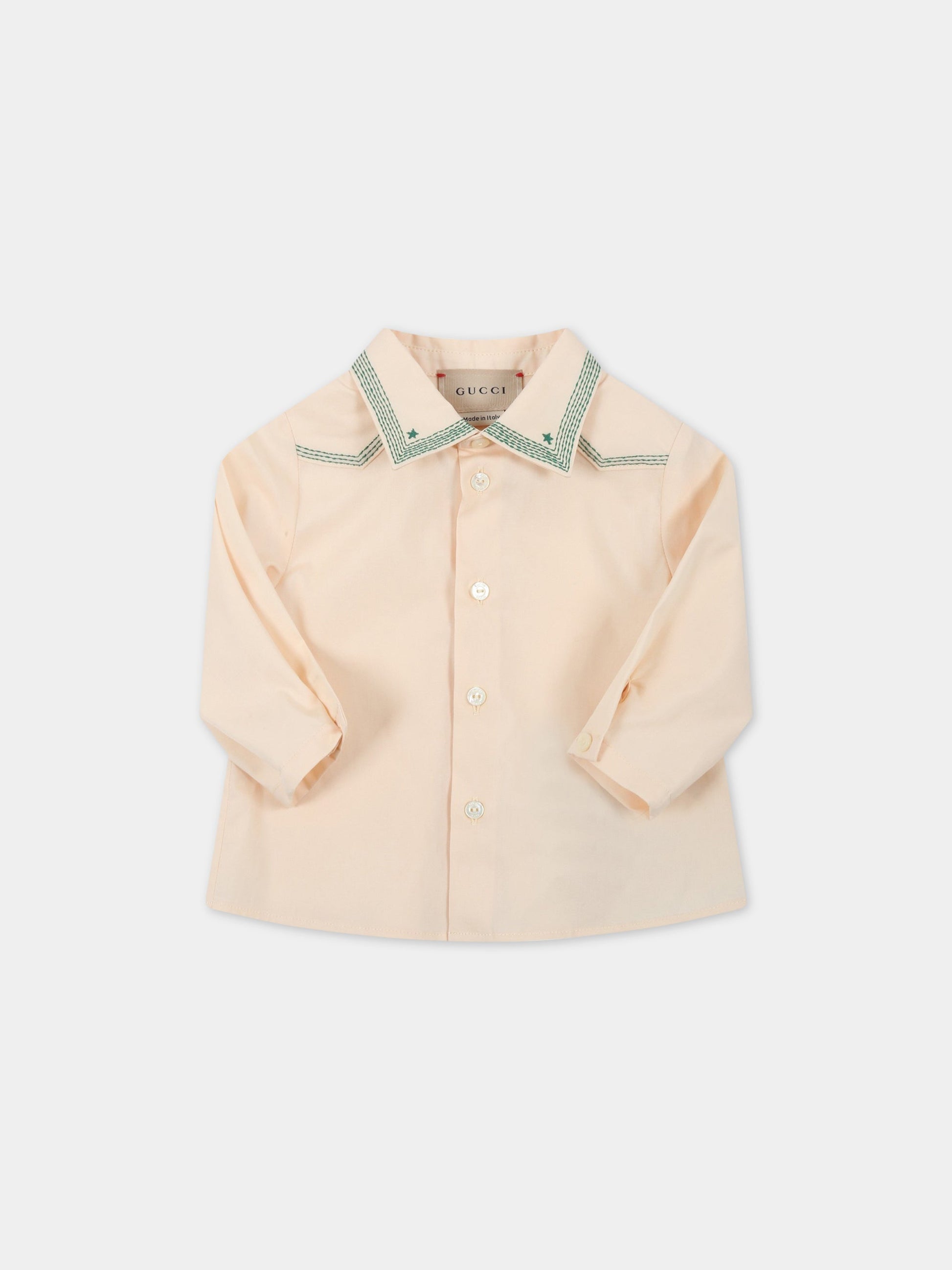 Camicia avorio per neonato con stelle verdi ricamate,Gucci Kids,699846 XWAS5 9210