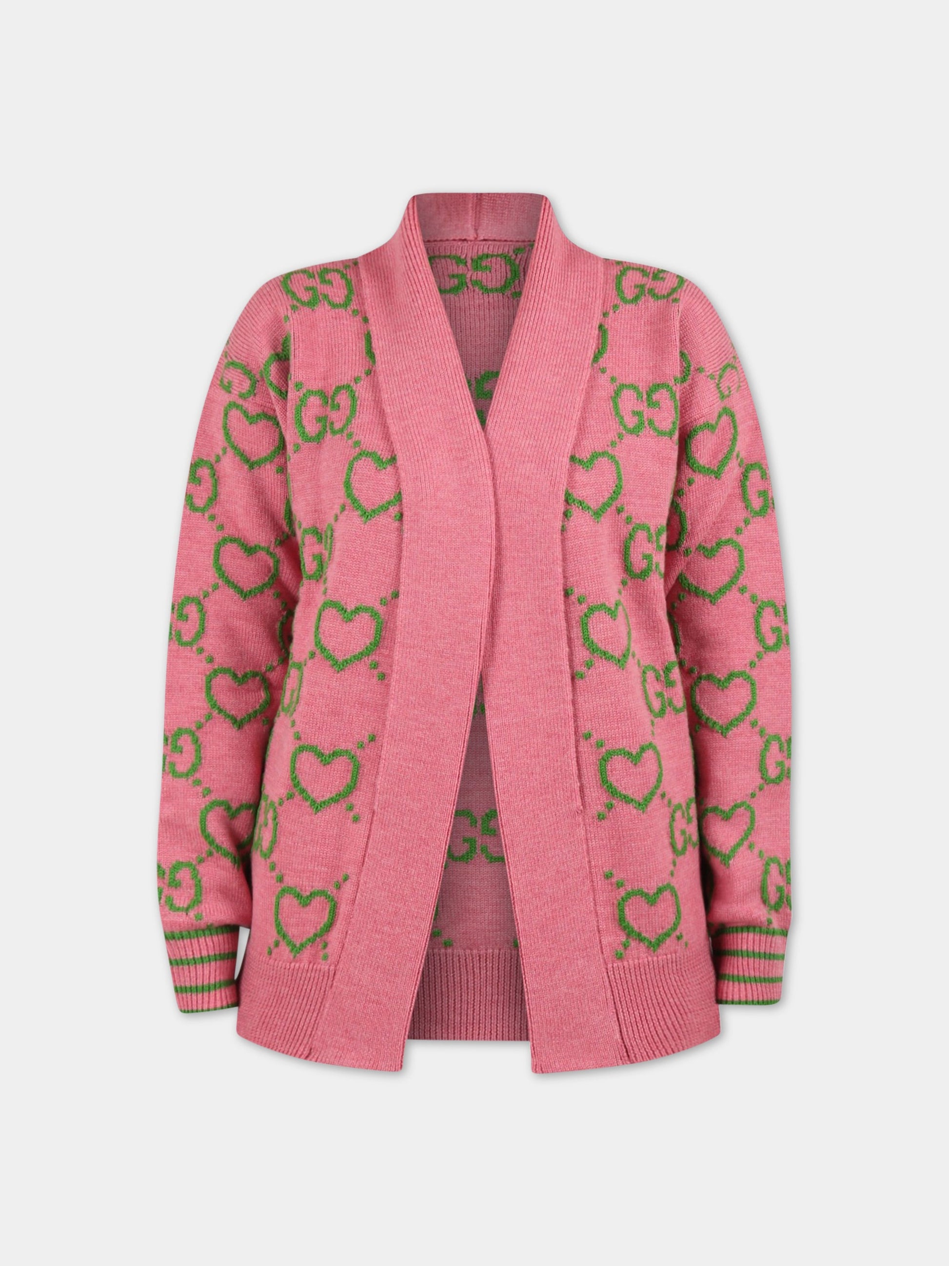 Cardigan rosa per bambina con GG verdi,Gucci Kids,694565 XKCHQ 5927