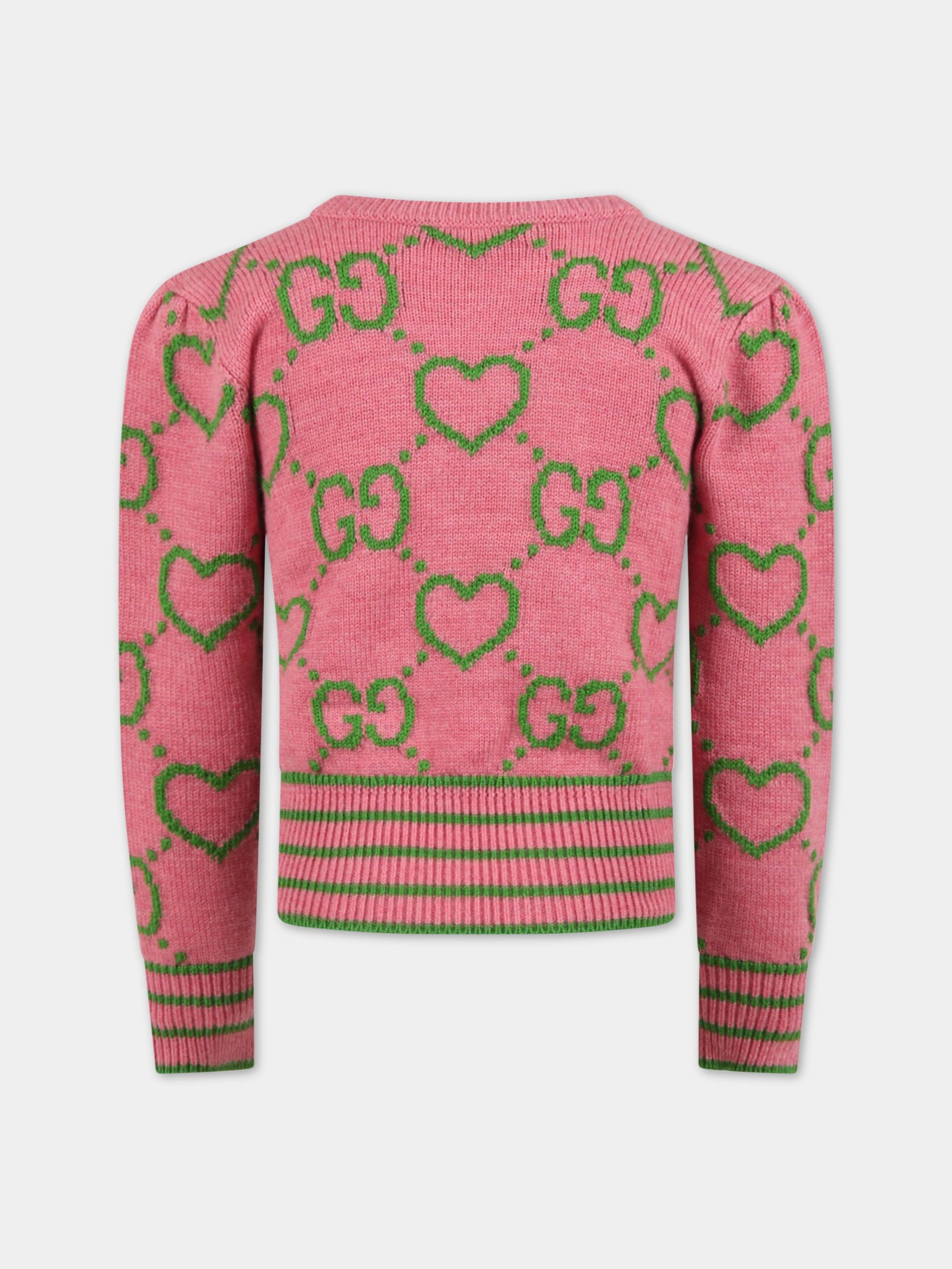 Maglione rosa per bambina con inconiche GG verdi,Gucci Kids,694567 XKCHQ 5927