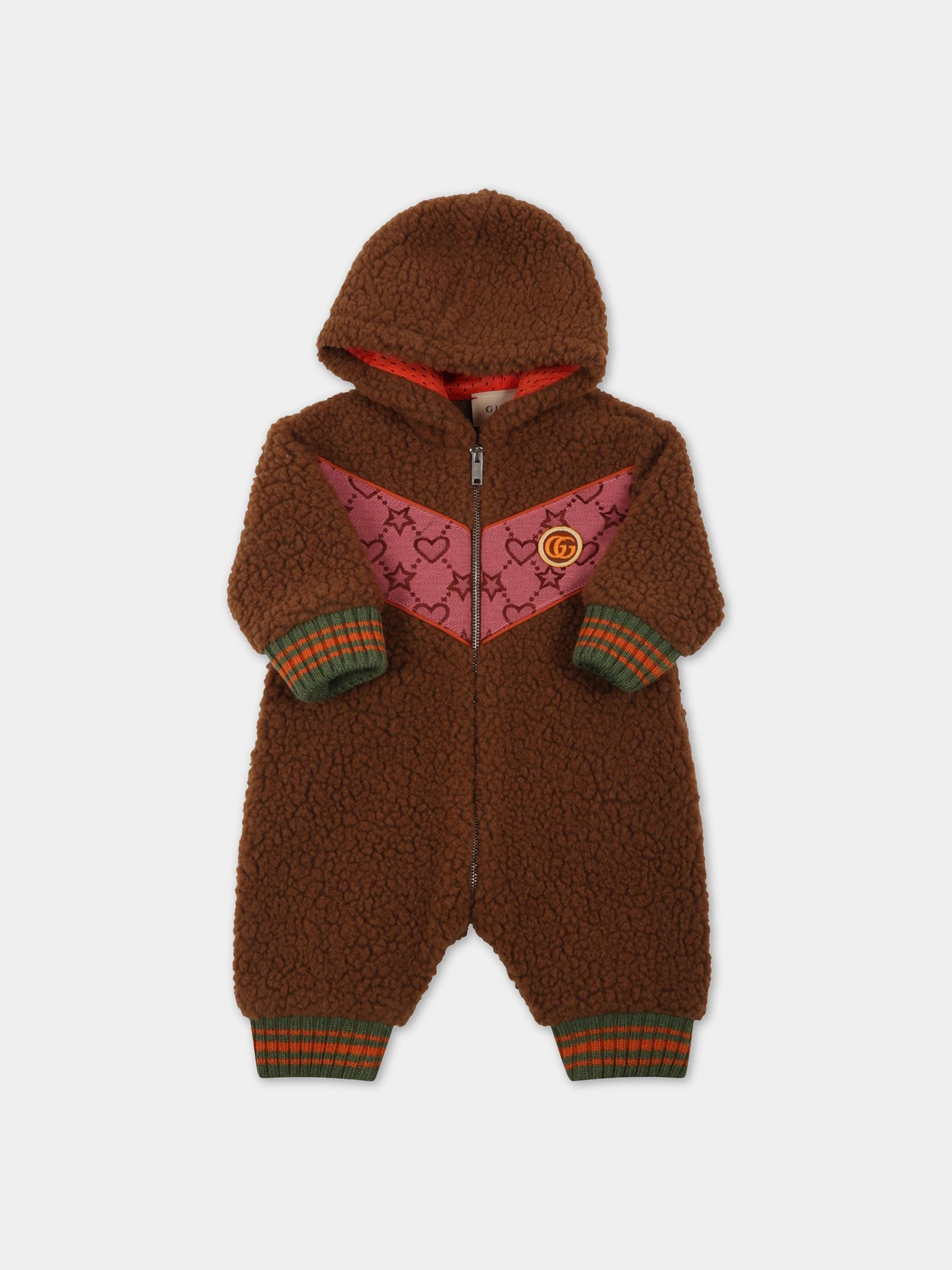 Tuta marrone per neonata con cuori, stelle e logo,Gucci Kids,703290 XWATX 5150