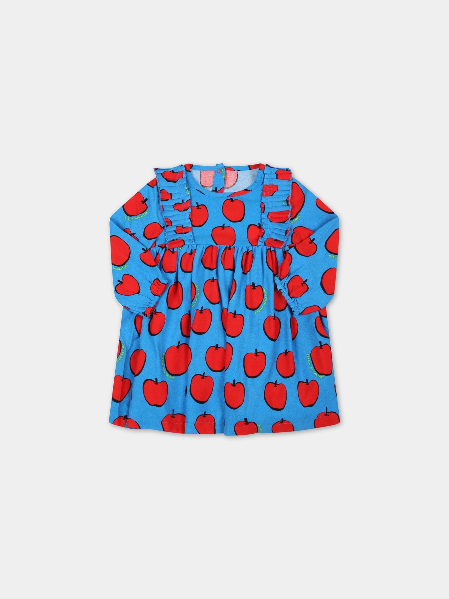 Vestito azzurro per neonata con mele rosse e logo giallo,Stella Mccartney Kids,8R1010 Z0471 618RO