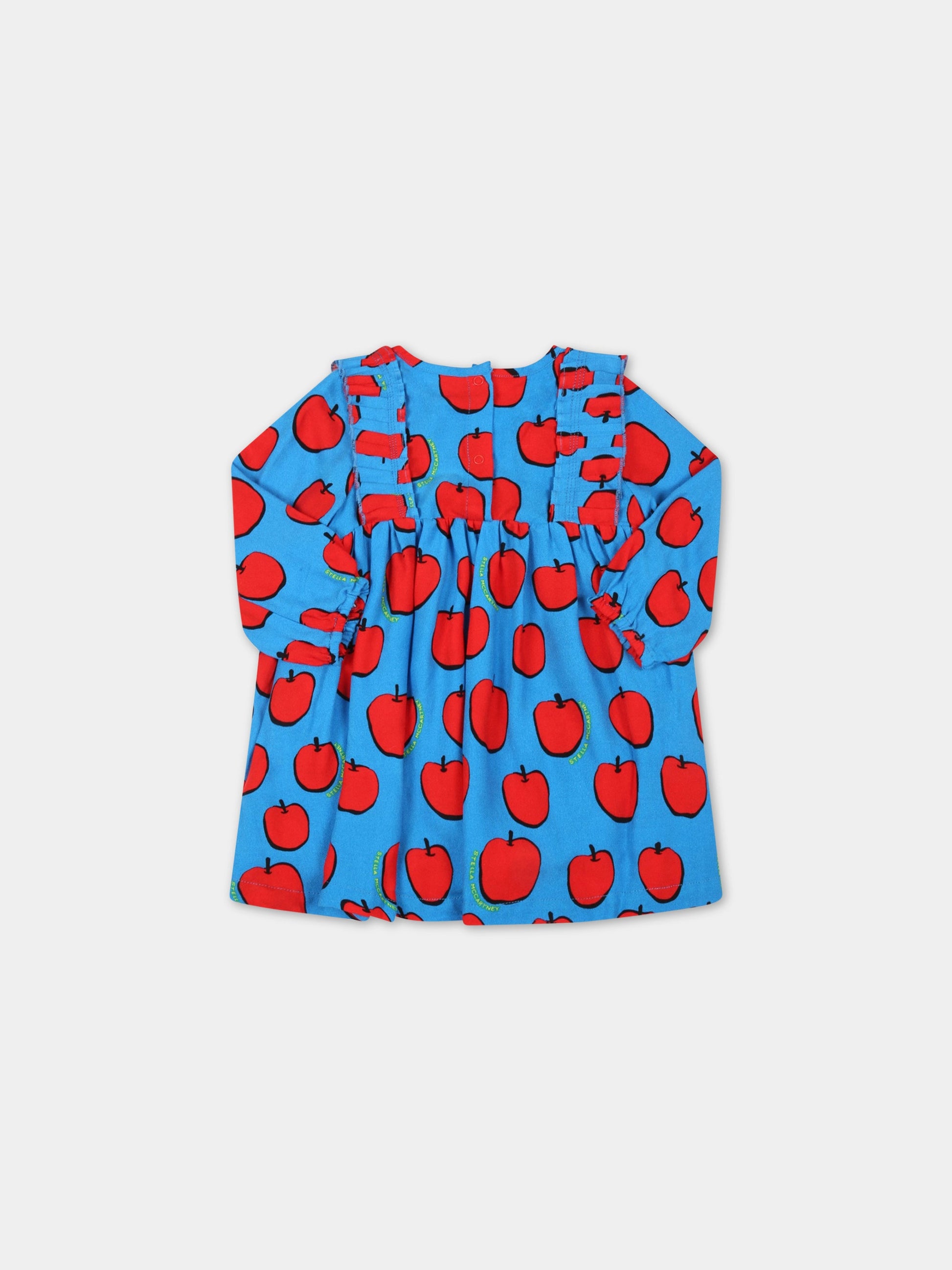 Vestito azzurro per neonata con mele rosse e logo giallo,Stella Mccartney Kids,8R1010 Z0471 618RO