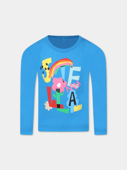 T-shirt celeste per bambina con logo colorato, arcobaleno e fiore,Stella Mccartney Kids,8R8B20 Z0434 618