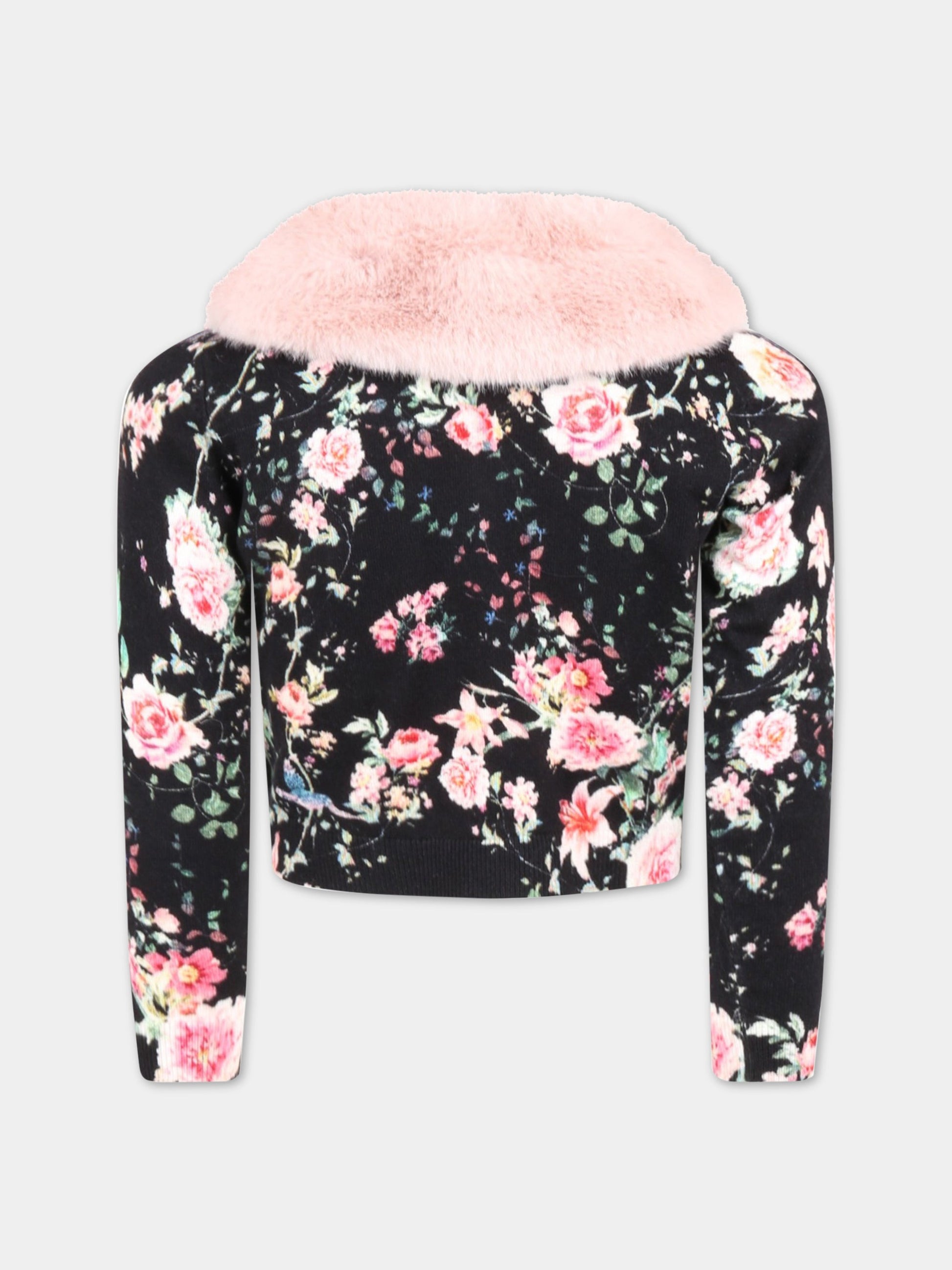 Cardigan nero per bambina con fiori,Blumarine Baby,IF2053 MAB01 B4013