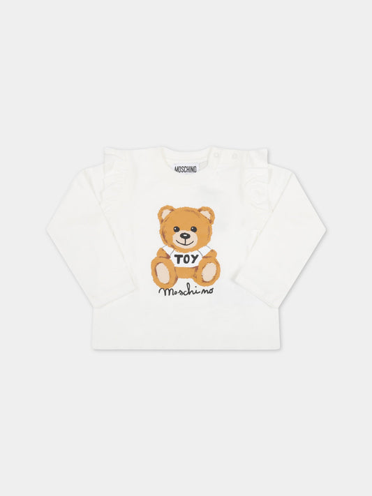 T-shirt avorio per neonats con teddy bear,Moschino Kids,MDO00I LBA11 10063