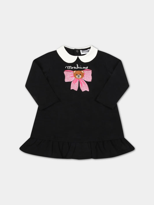 Vestito nero per neonata con Teddy Bear e fiocco,Moschino Kids,MDV09X LDA14 60100