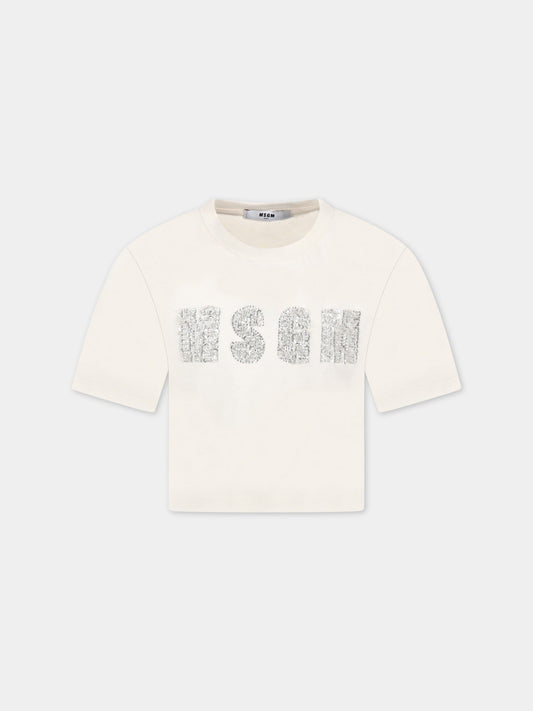 T-shirt avorio per bambina con logo argentato,Msgm Kids,MS029227 013