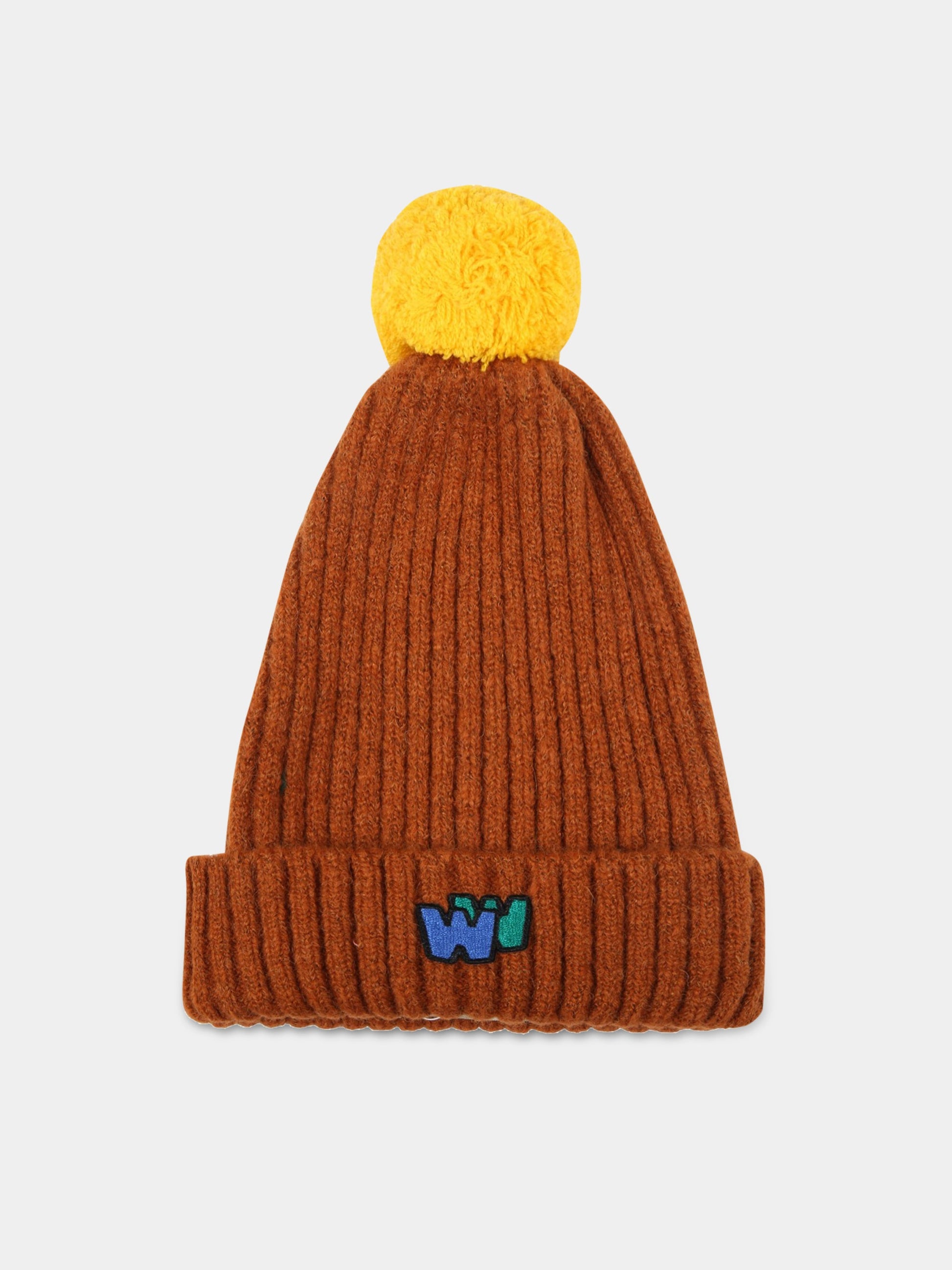 Cappello marrone per bambini con logo e pompon,Wander & Wonder,KN12230 BROWN