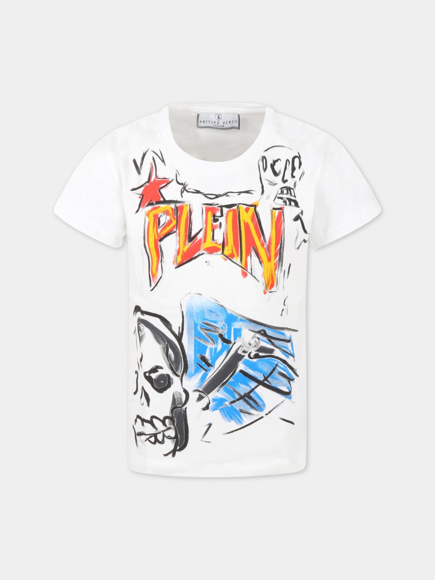 T-shirt bianca per bambino con stampe,Philipp Plein Junior,2MM006 LAA24 BIANCO OT