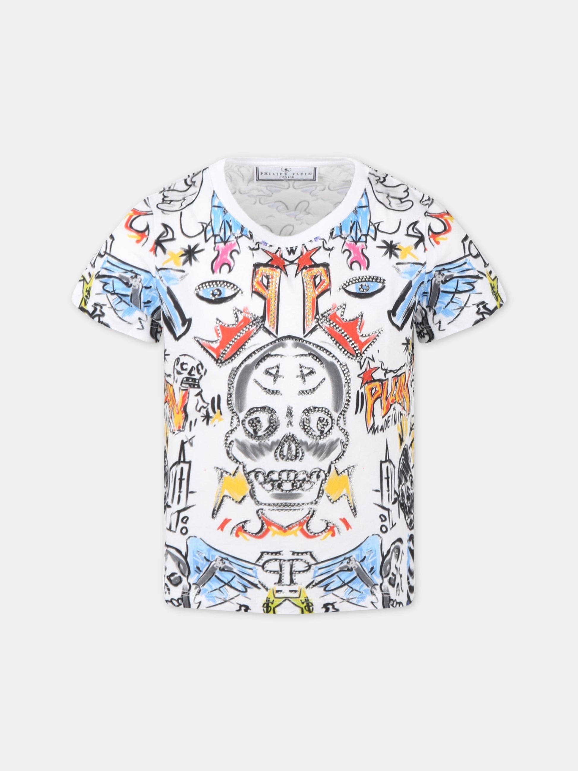 T-shirt bianca per bambino con loghi,Philipp Plein Junior,2PM004 LAA26 WHITE BAS