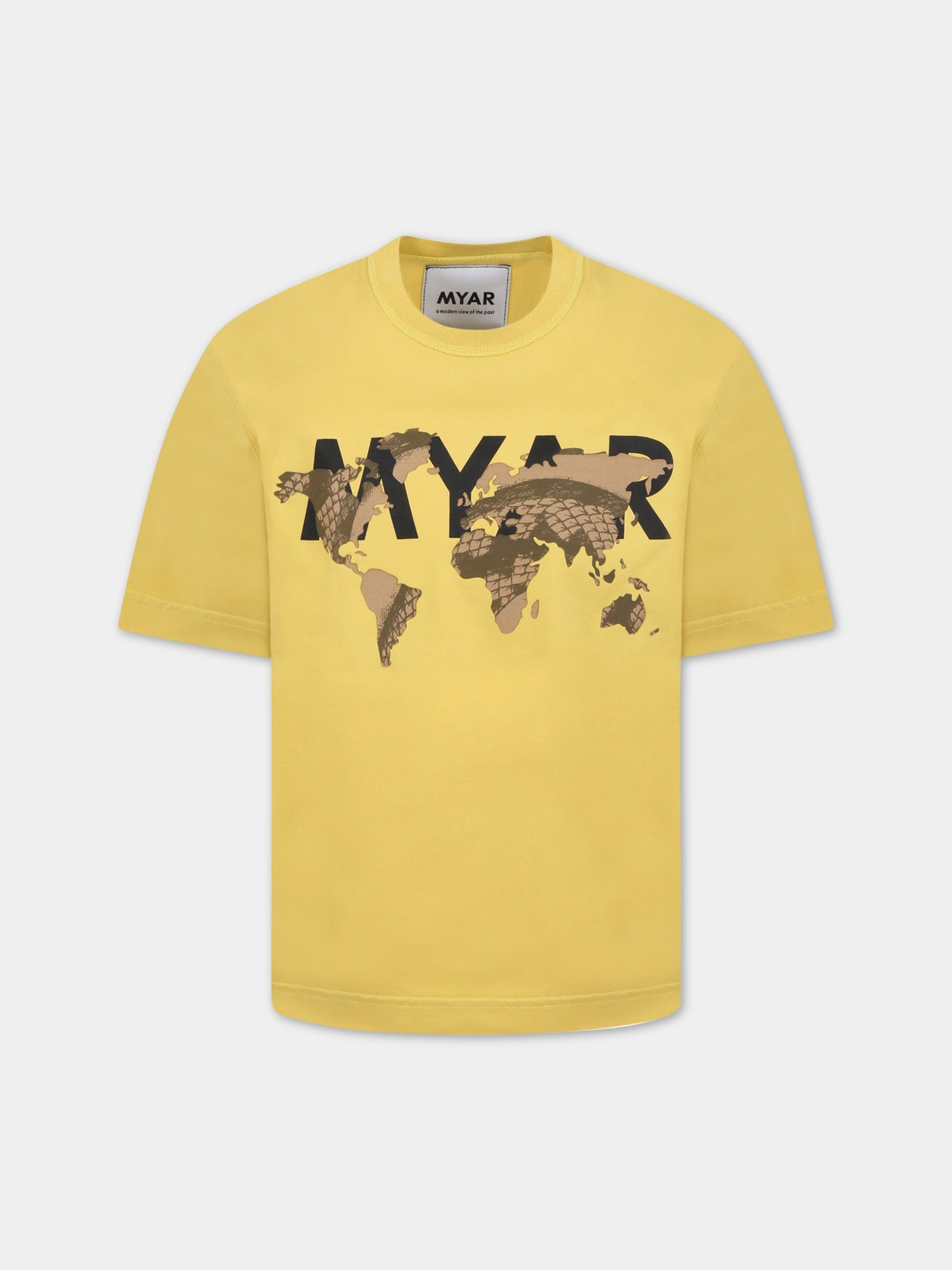 T-shirt gialla per bambini con stampa beige e loghi,Myar X Coccolebimbi,MY0018 MY013 MY201-3