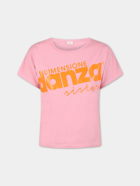 T-shirt rosa per bambina con logo arancione,Dimensione Danza,029628 042