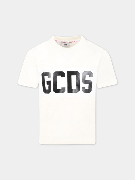 T-shirt avorio per bambini con logo nero,Gcds Kids,DNM005 LAA22 10063