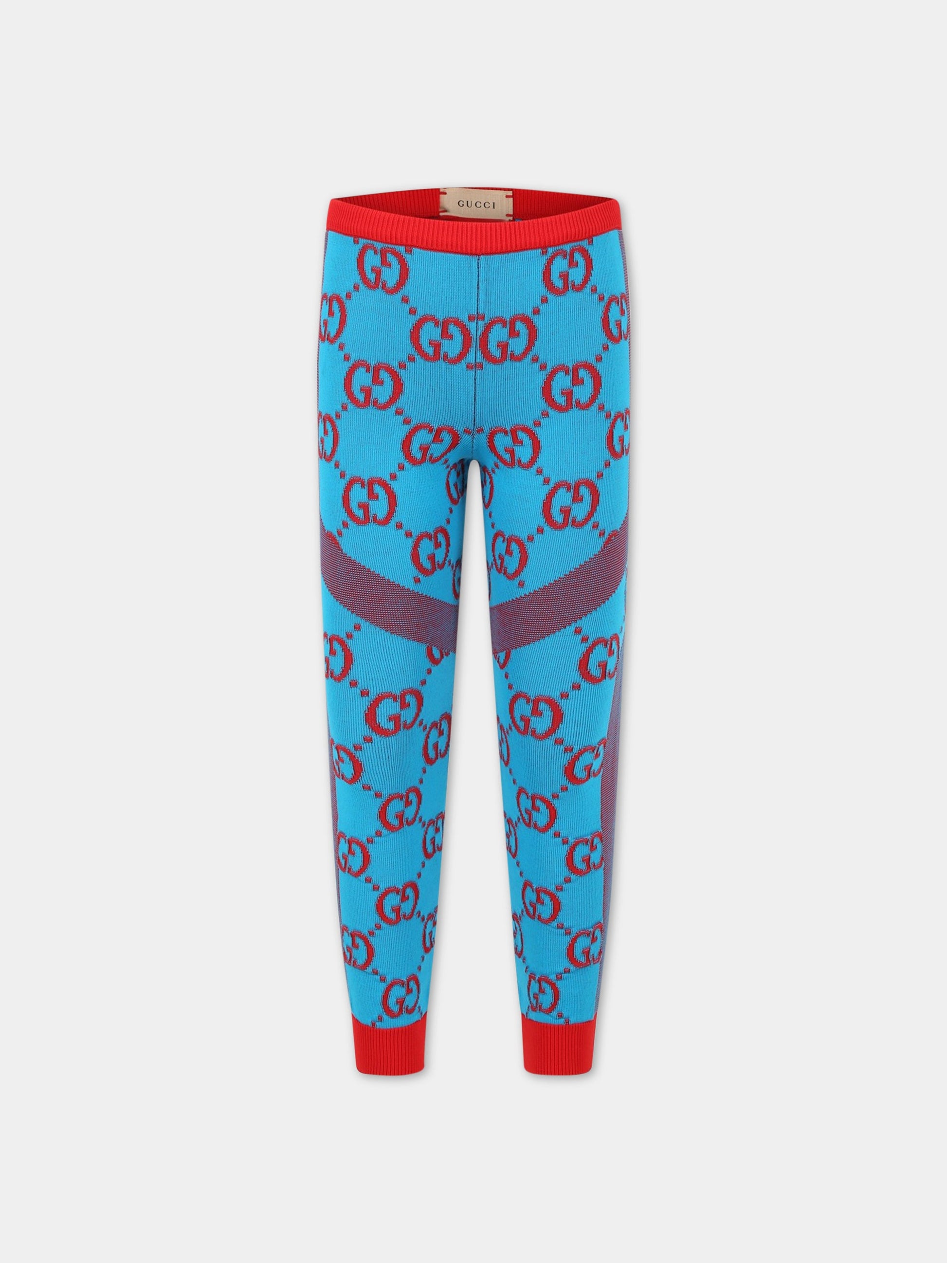 Leggings azzurri per bambina con GG rosse,Gucci Kids,692058 4KAA5 4974