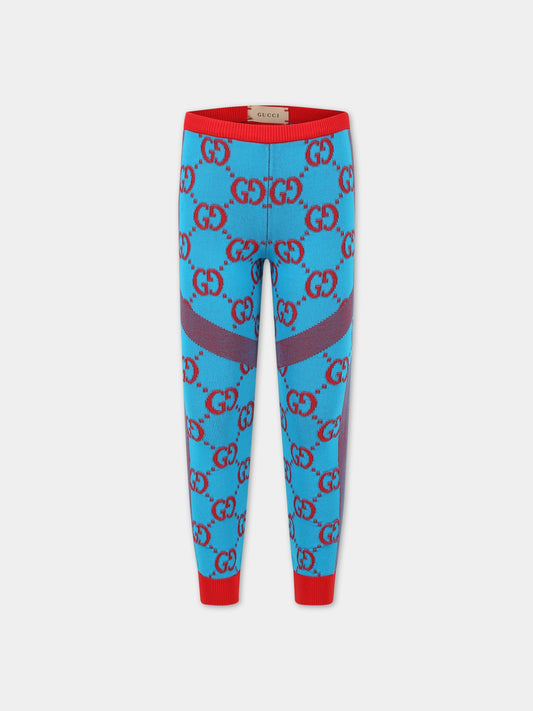 Leggings azzurri per bambina con GG rosse,Gucci Kids,692058 4KAA5 4974