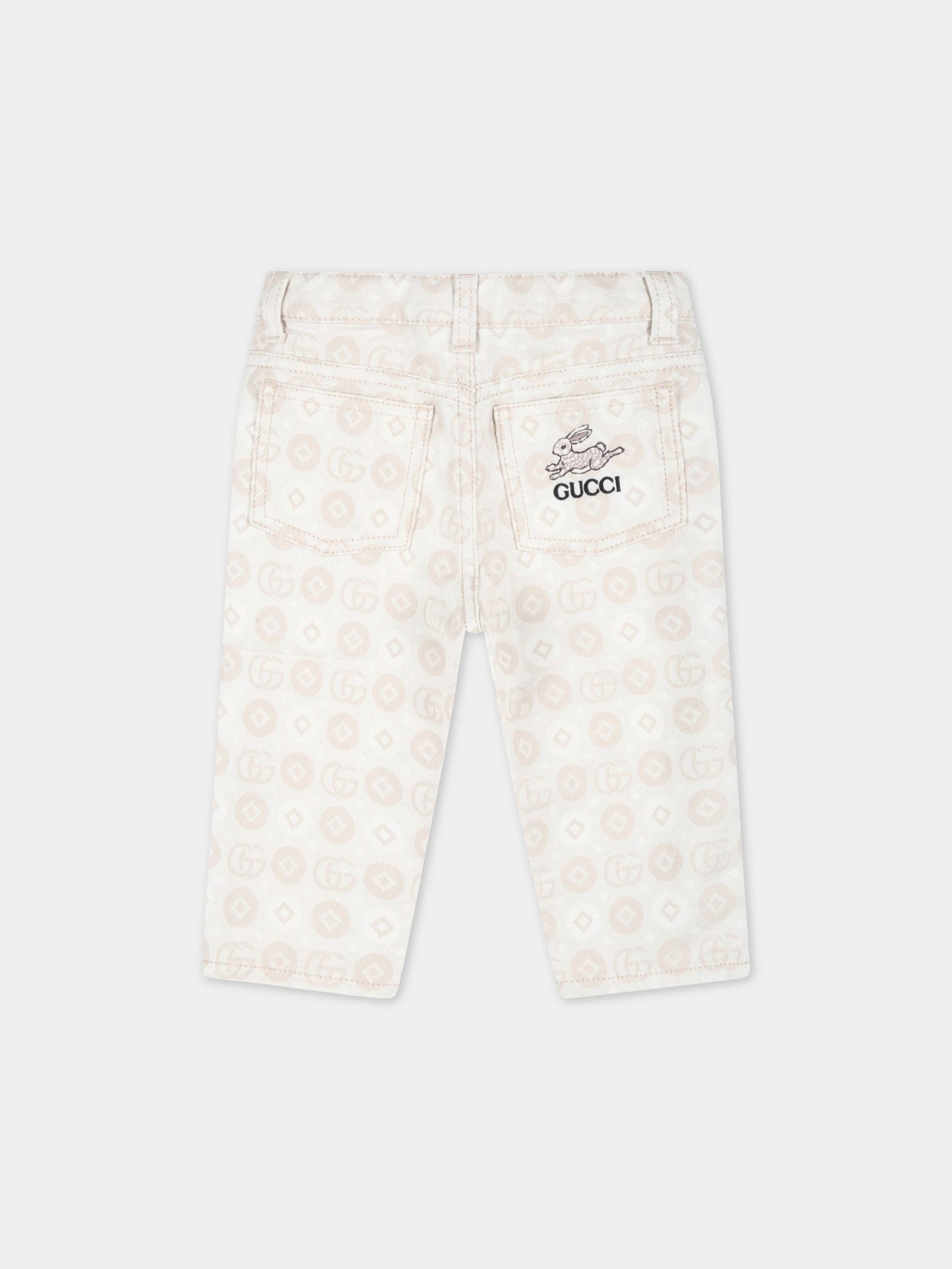 Jeans avorio per neonato con logo nero ricamato,Gucci Kids,712648 XDB74 9207