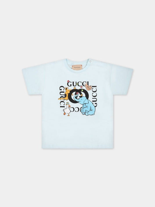 T-shirt celeste per neonato con stampa con animali,Gucci Kids,576871 XJEY9 4724