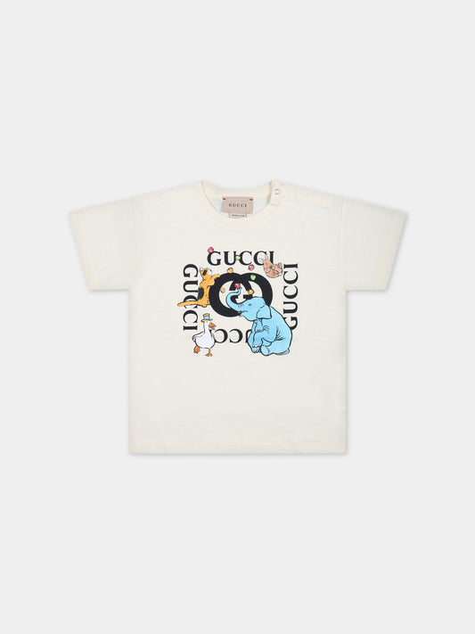 T-shirt avorio per neonato con stampa con animali,Gucci Kids,576871 XJEY9 9756