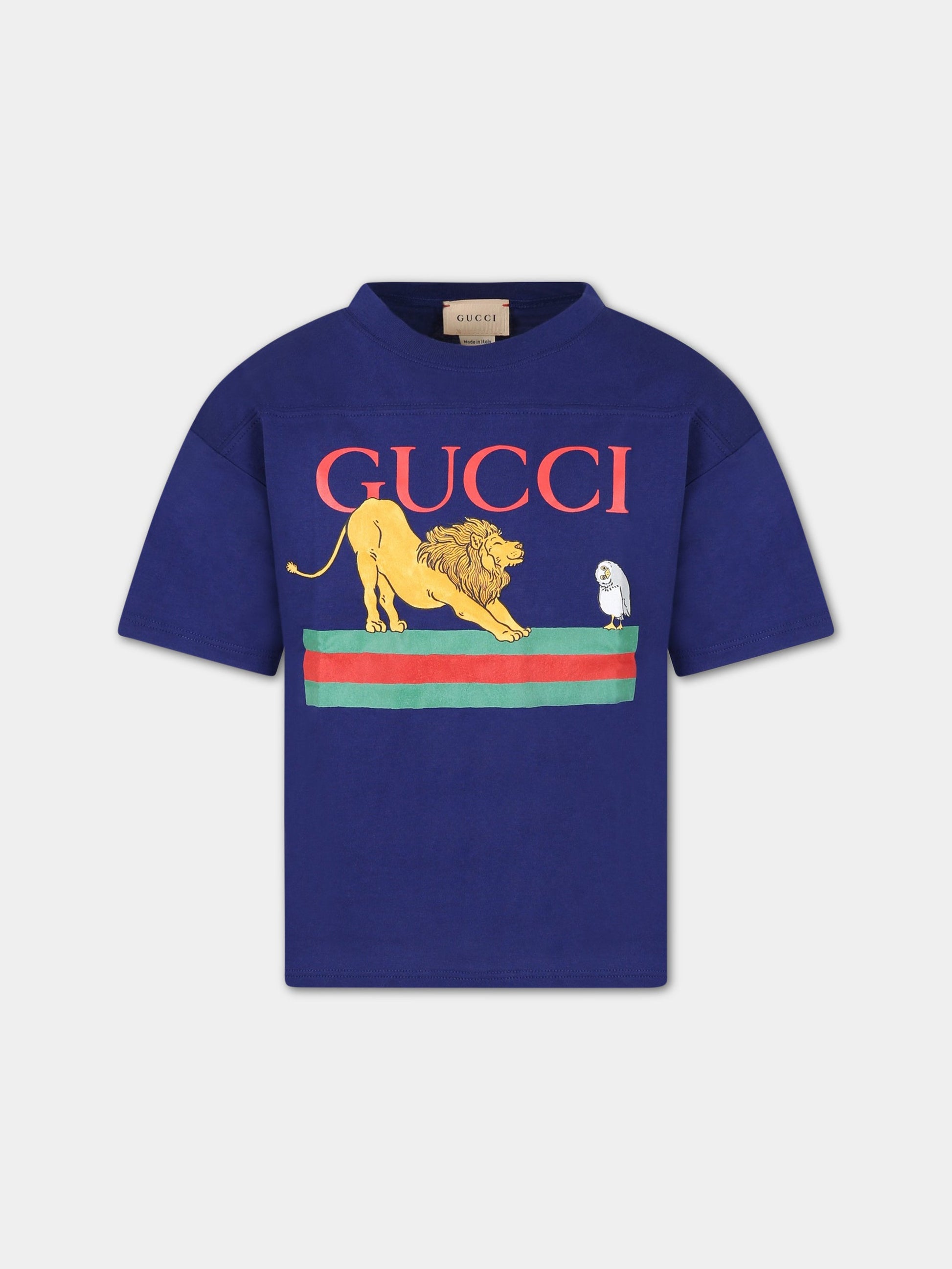 T-shirt blu per bambino con logo e motivo Web,Gucci Kids,722402 XJEZC 4729