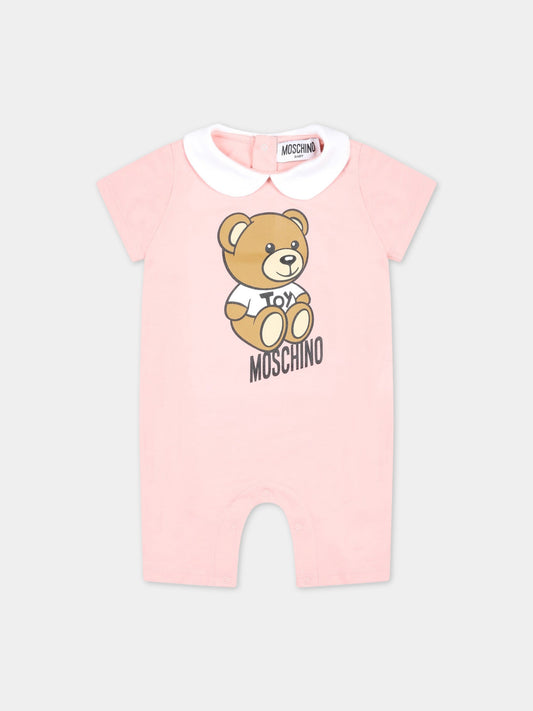 Pagliaccetto rosa per neonata con Teddy Bear e logo nero,Moschino Kids,MUY058 LBA10 50209