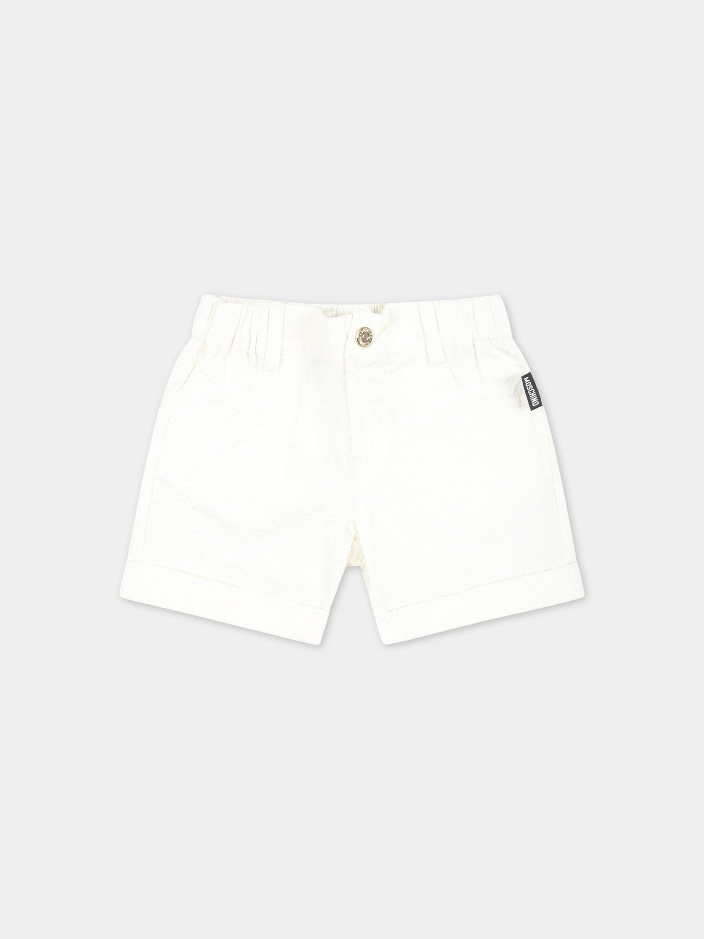 Bermuda bianchi per neonato con patch logato,Moschino Kids,MUQ00T LZA15 10063