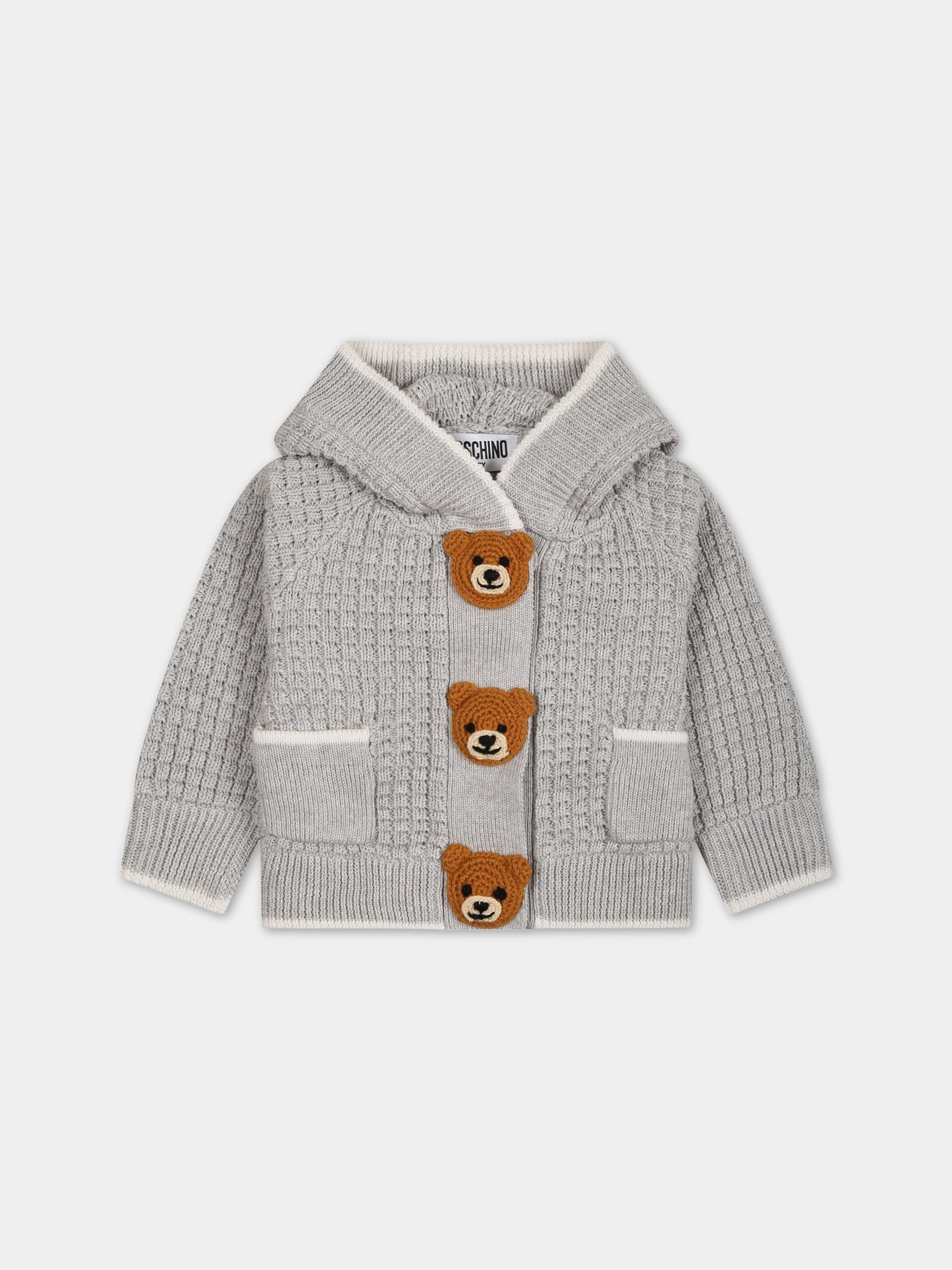 Cardigan grigio per neonato con Teddy bear,Moschino Kids,MUW00S LHE13 60926