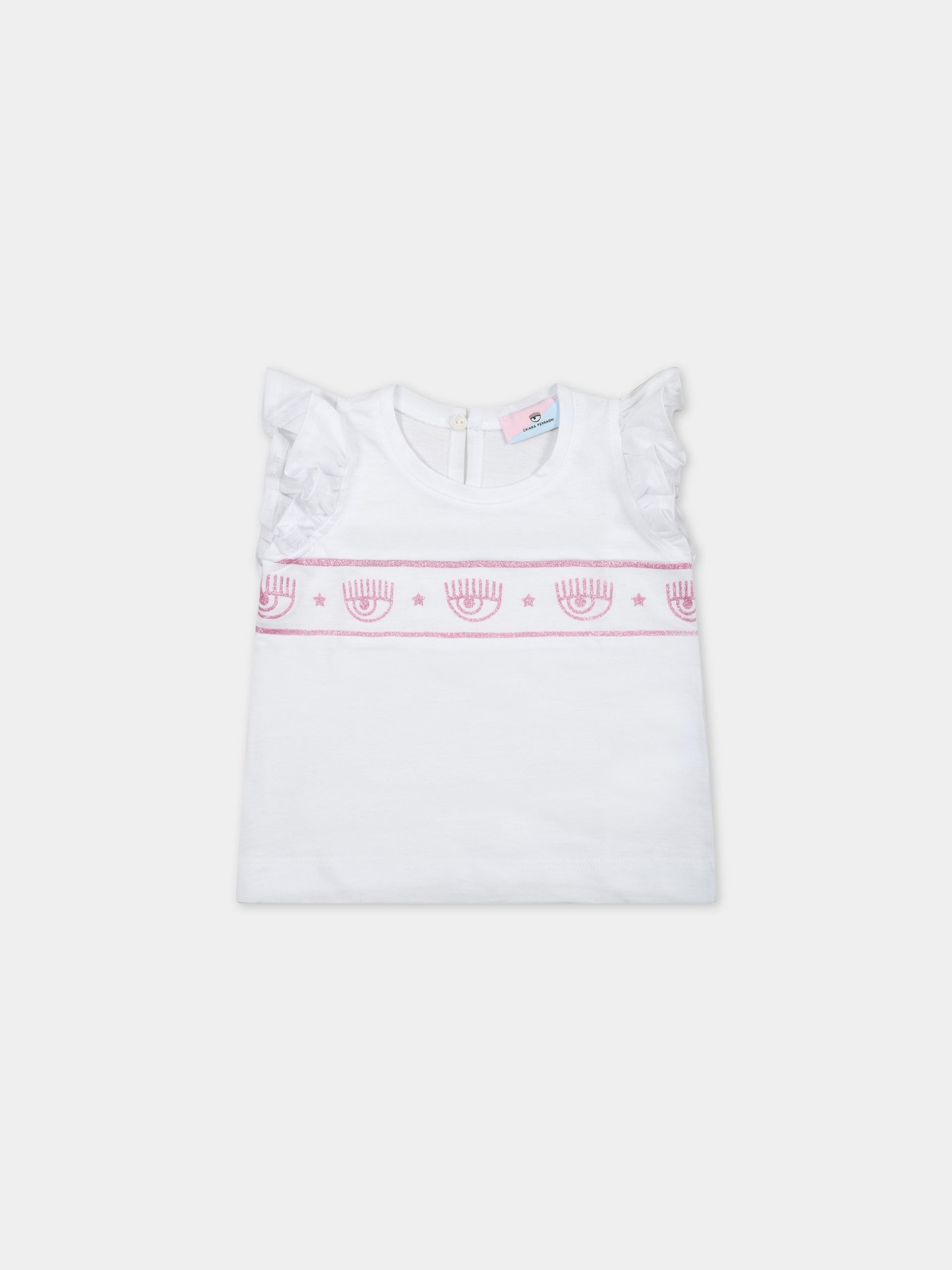 T-shirt bianca per neonata con iconici occhi in lurex,Chiara Ferragni Collection,53A604 1205 9990