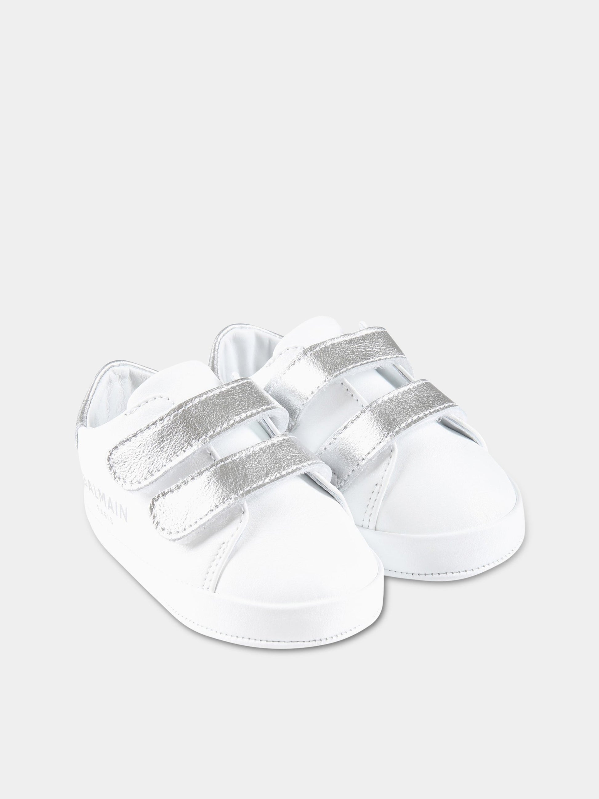 Sneakers bianche da culla per neonato con logo argentato,Balmain Kids,BS0586 Y0051 100AG