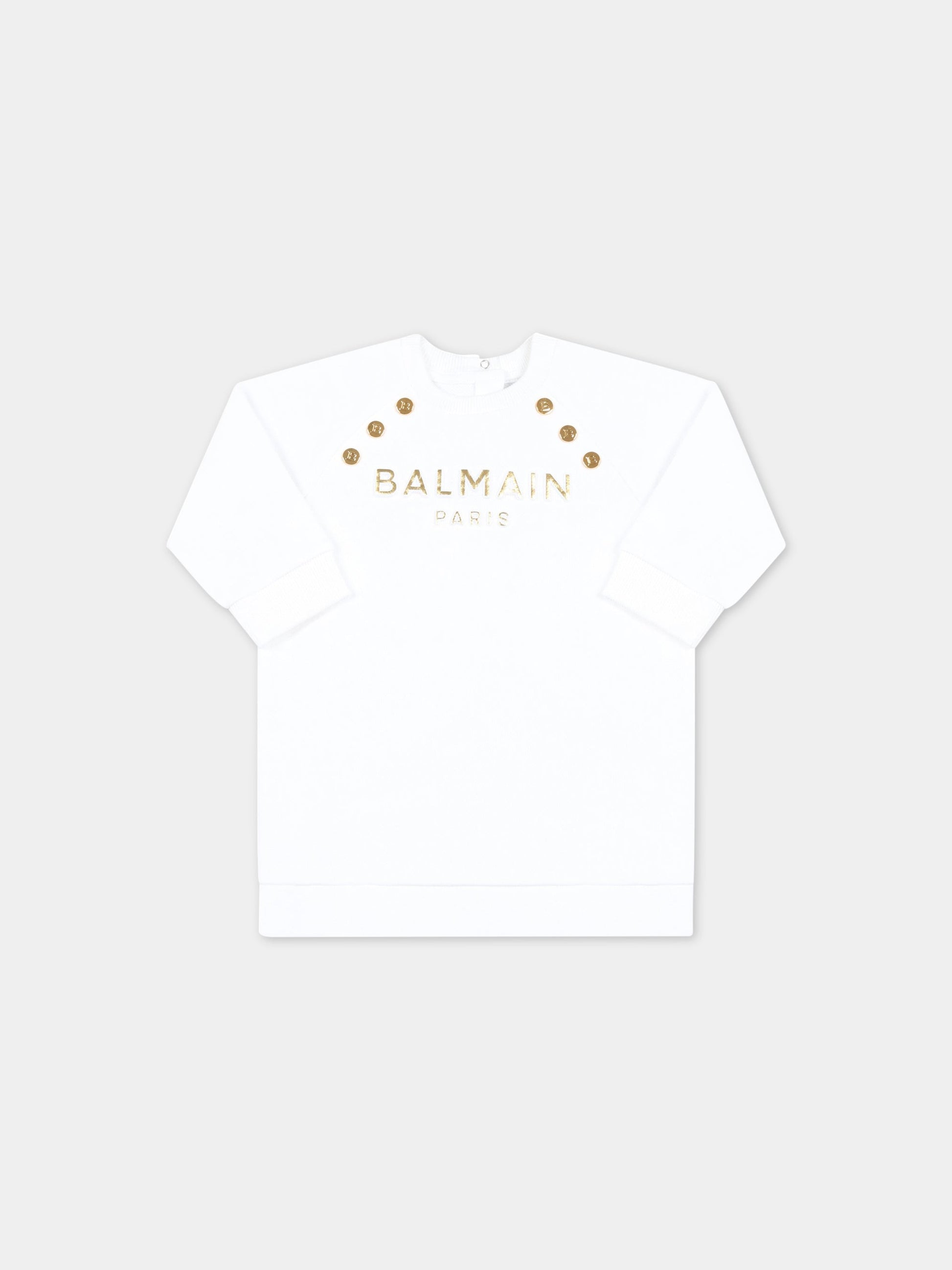 Vestito bianco per neonata con logo dorato,Balmain Kids,BS1000 Z0001 100OR