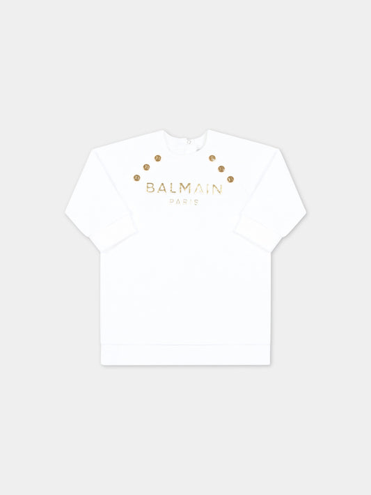 Vestito bianco per neonata con logo dorato,Balmain Kids,BS1000 Z0001 100OR