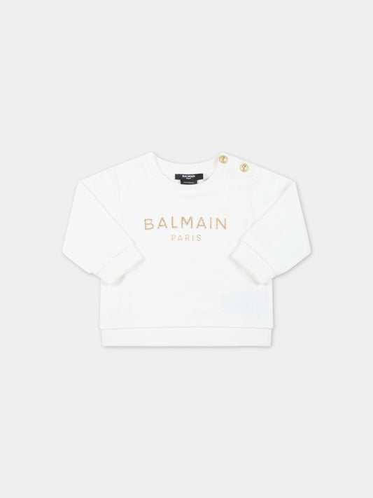 Felpa bianca per neonata con logo dorato,Balmain Kids,BS4000 Z0001 102