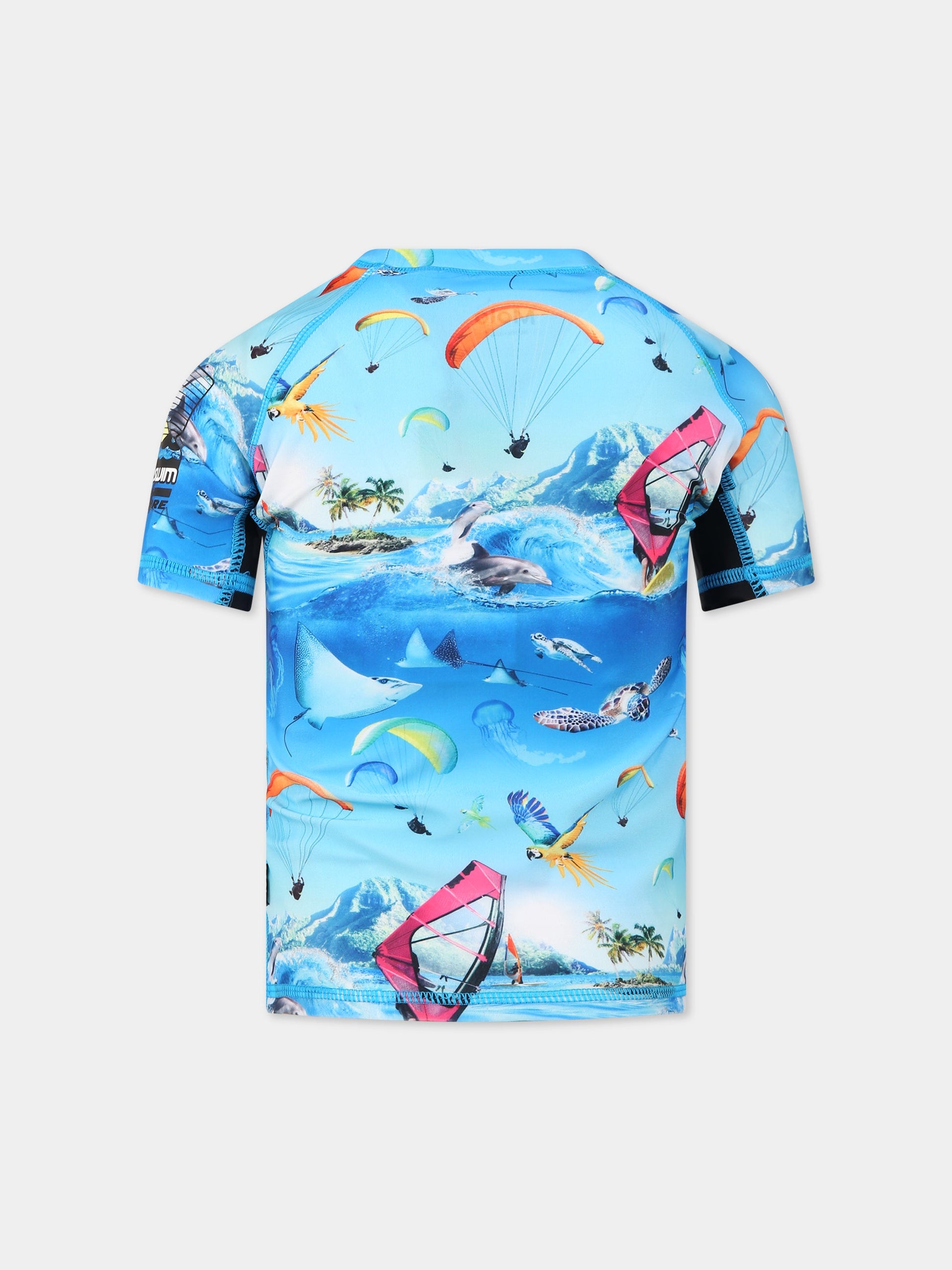 T-shirt azzurra anti UV per bambino con stampa animali e paracadute,Molo,8S23P203 6712