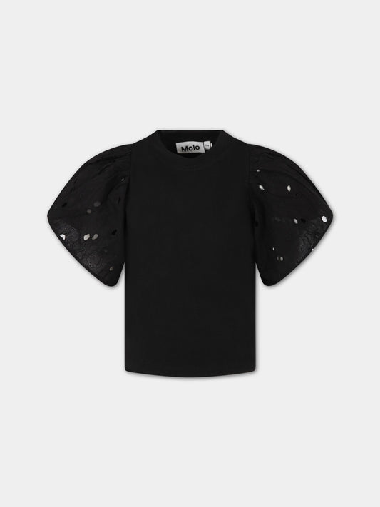 T-shirt nera per bambina con fiori e patch logato,Molo,2S23A204 0099