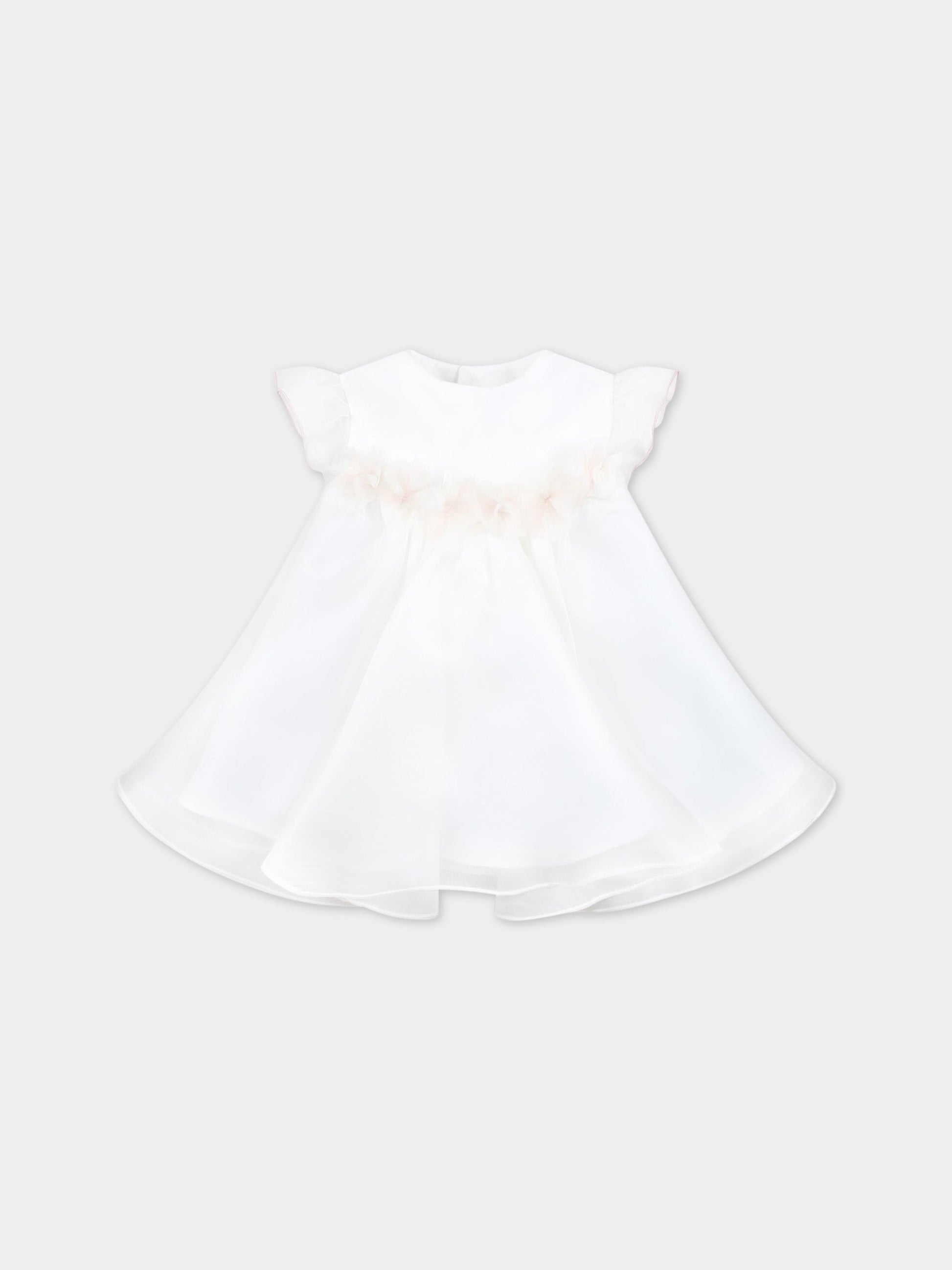 Vestito bianco per neonata con fiori applicati,La Stupenderia,CBAB56O06 U10