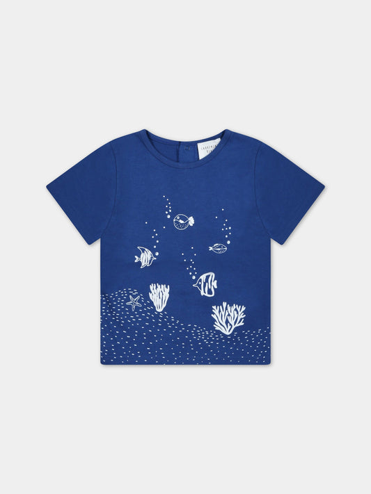 T-shirt blu per neonato con stampa marina,Carrement Beau,Y05238 830